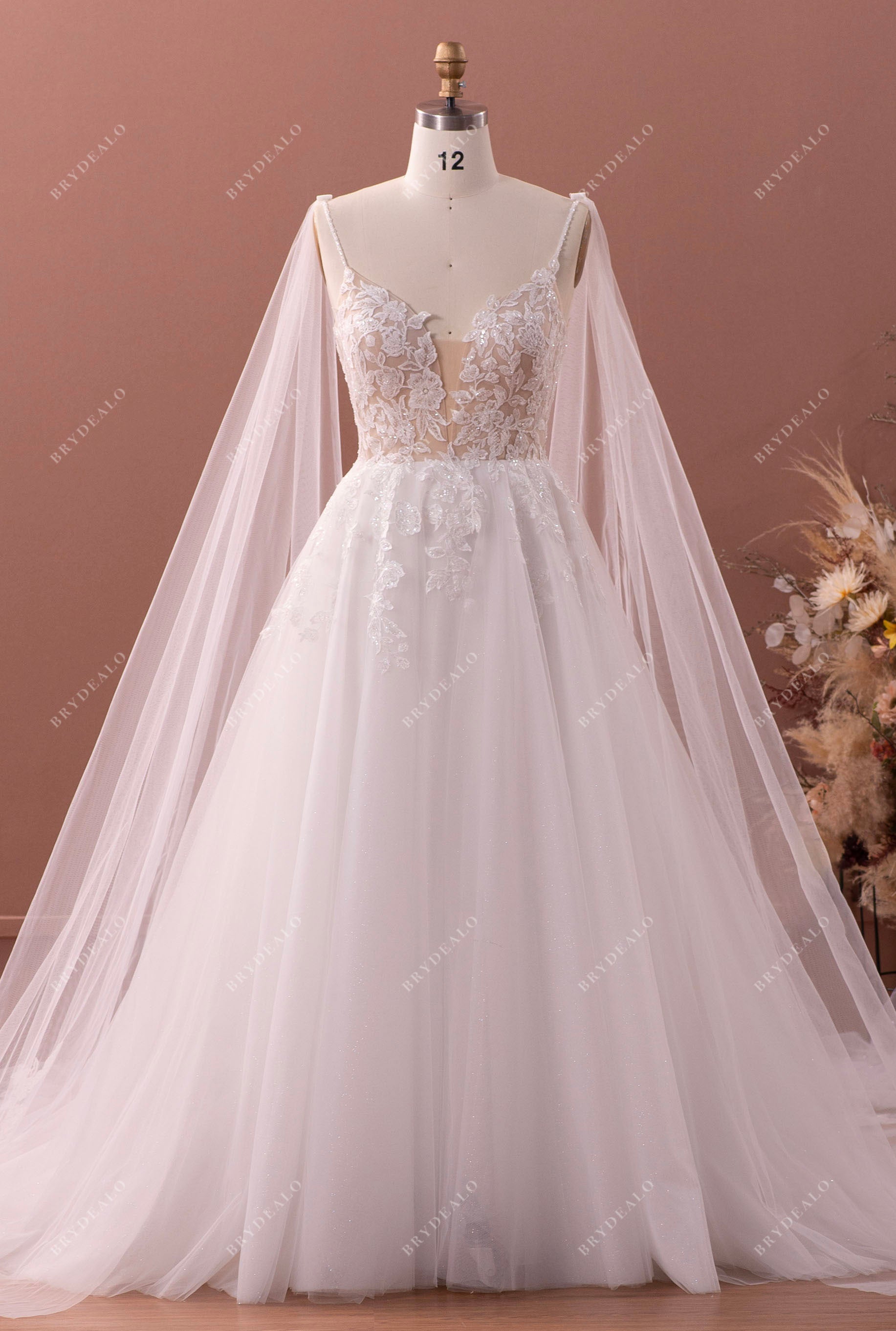 Wholesale Lace Tulle Spaghetti Straps A-line  Wedding Dress