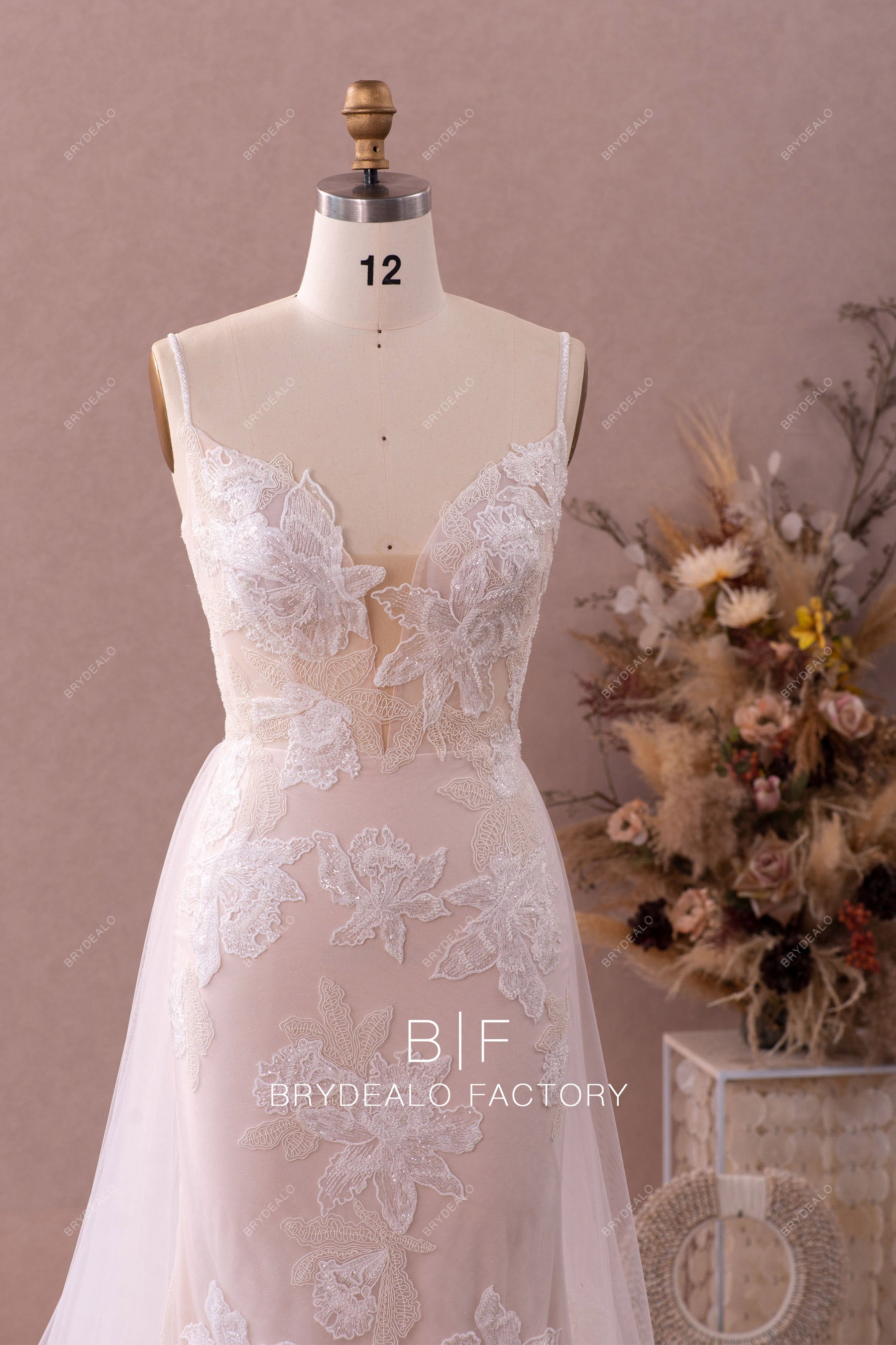 beaded srtaps lace wedding gown