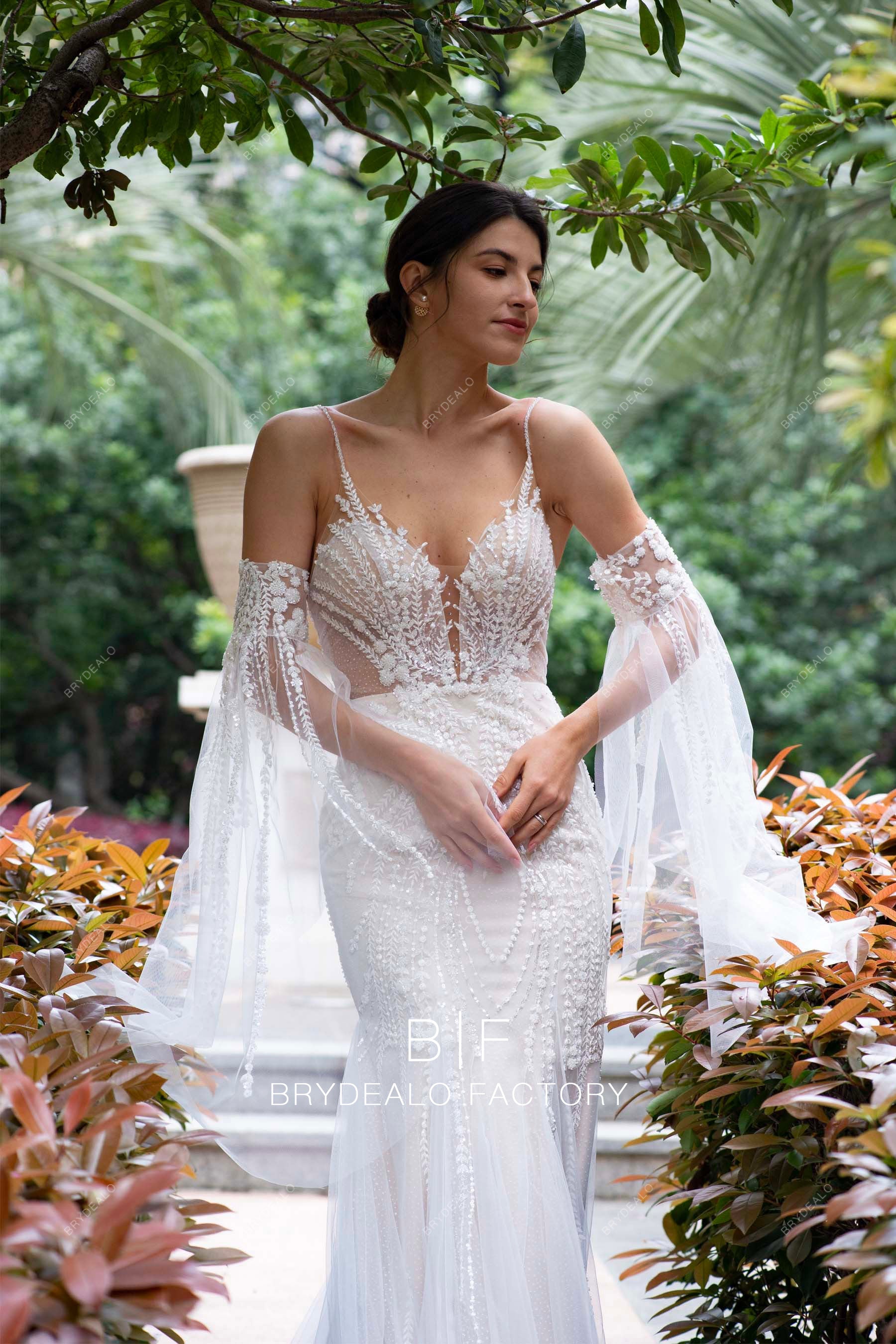 beaded straps plunging boho wedding dress