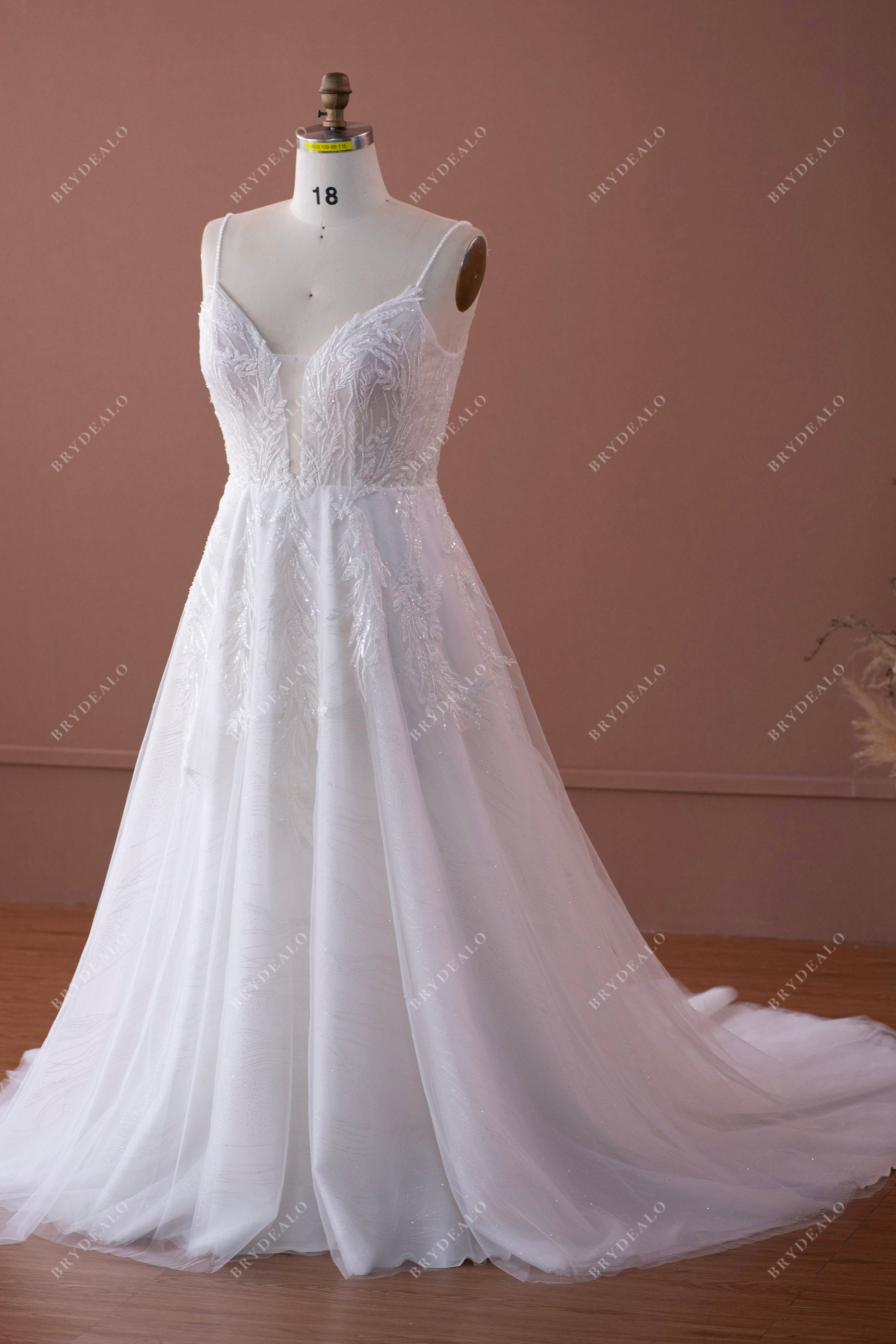 beaded straps plunging lace a-line wedding dress