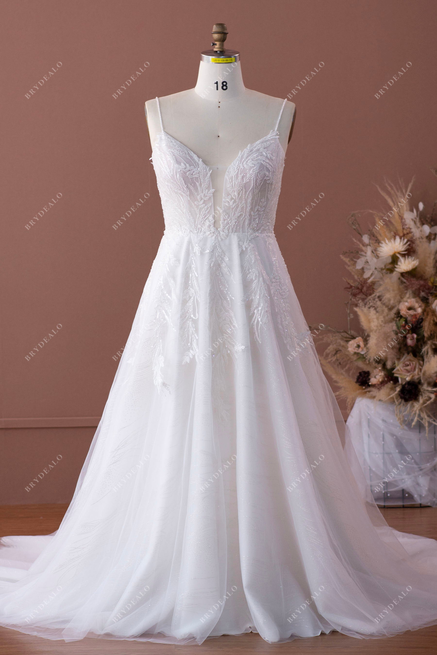 Plus Size Beaded Strap Plunging Shimmery Lace A-line Wedding Dress
