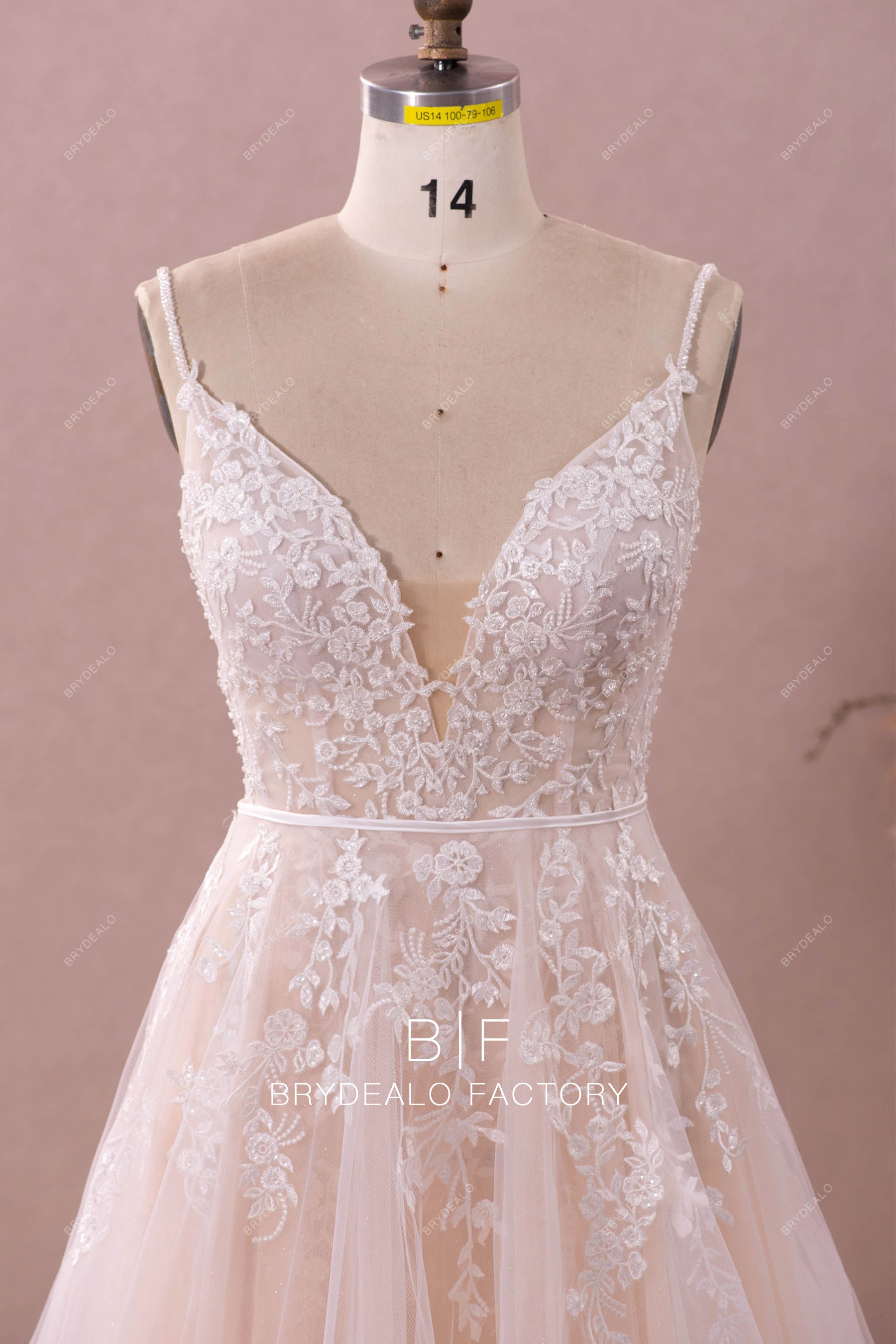 beaded straps plunging lace wedding dress