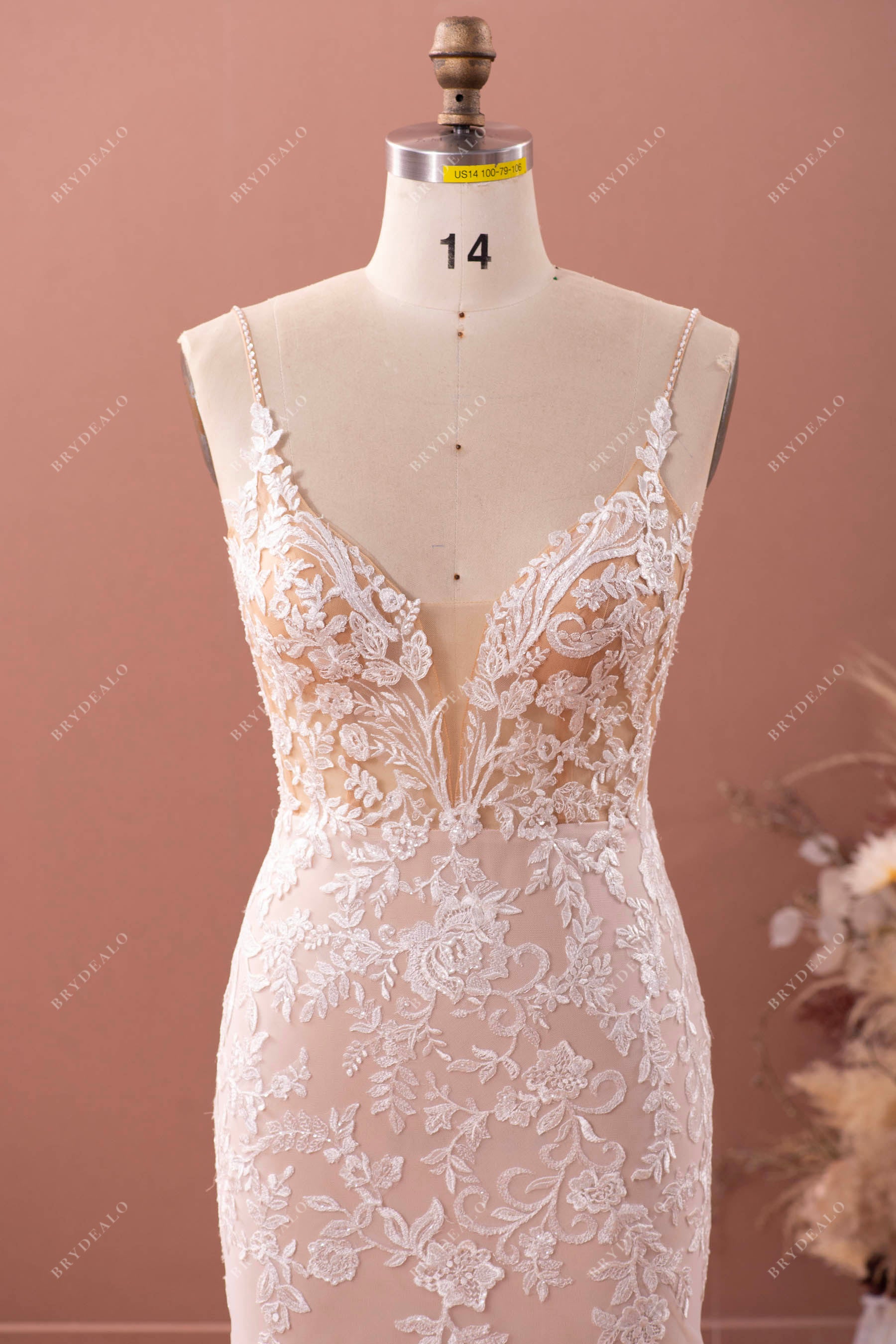 beaded straps plunging lace wedding dress