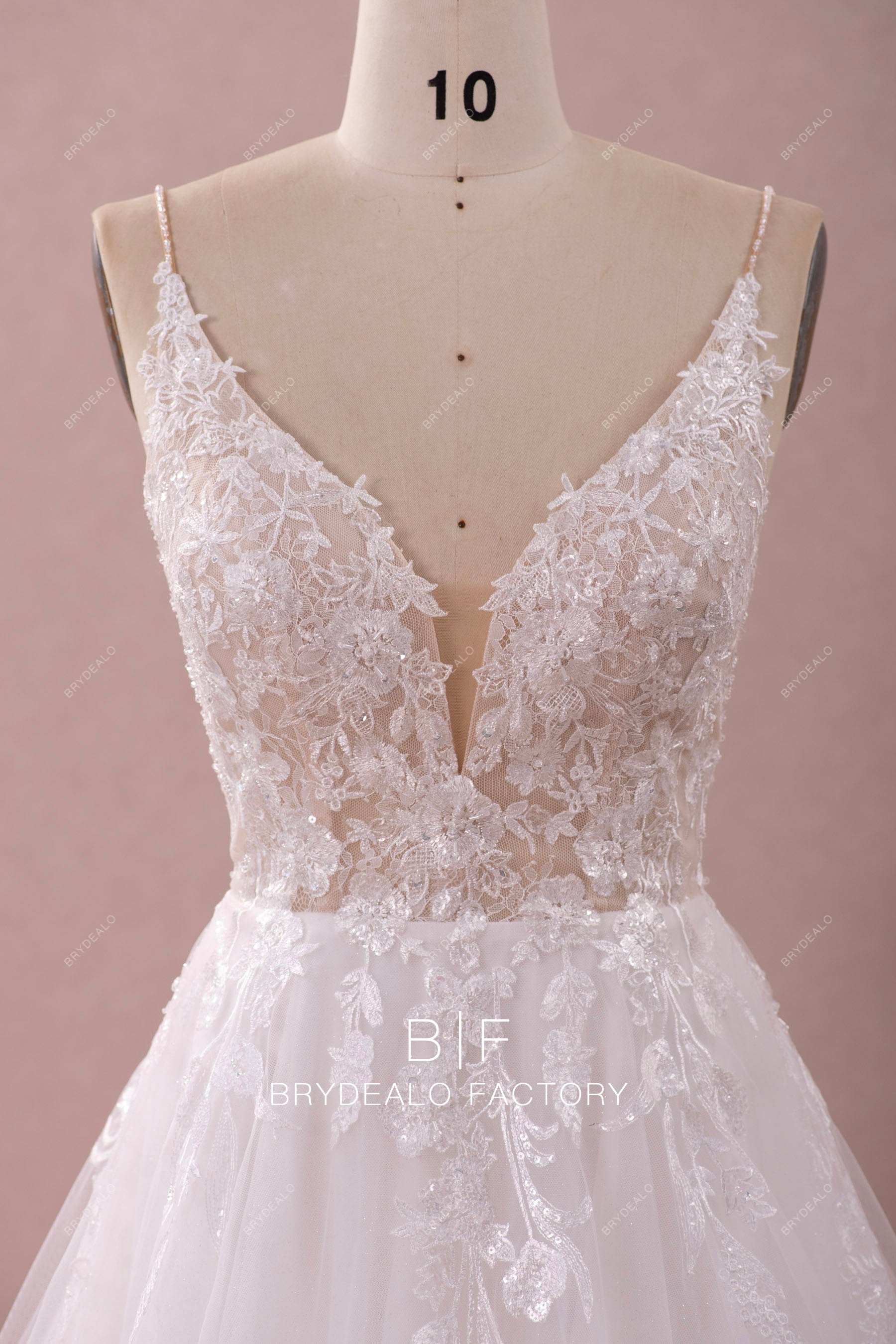 beaded straps plunging neck wedding dress