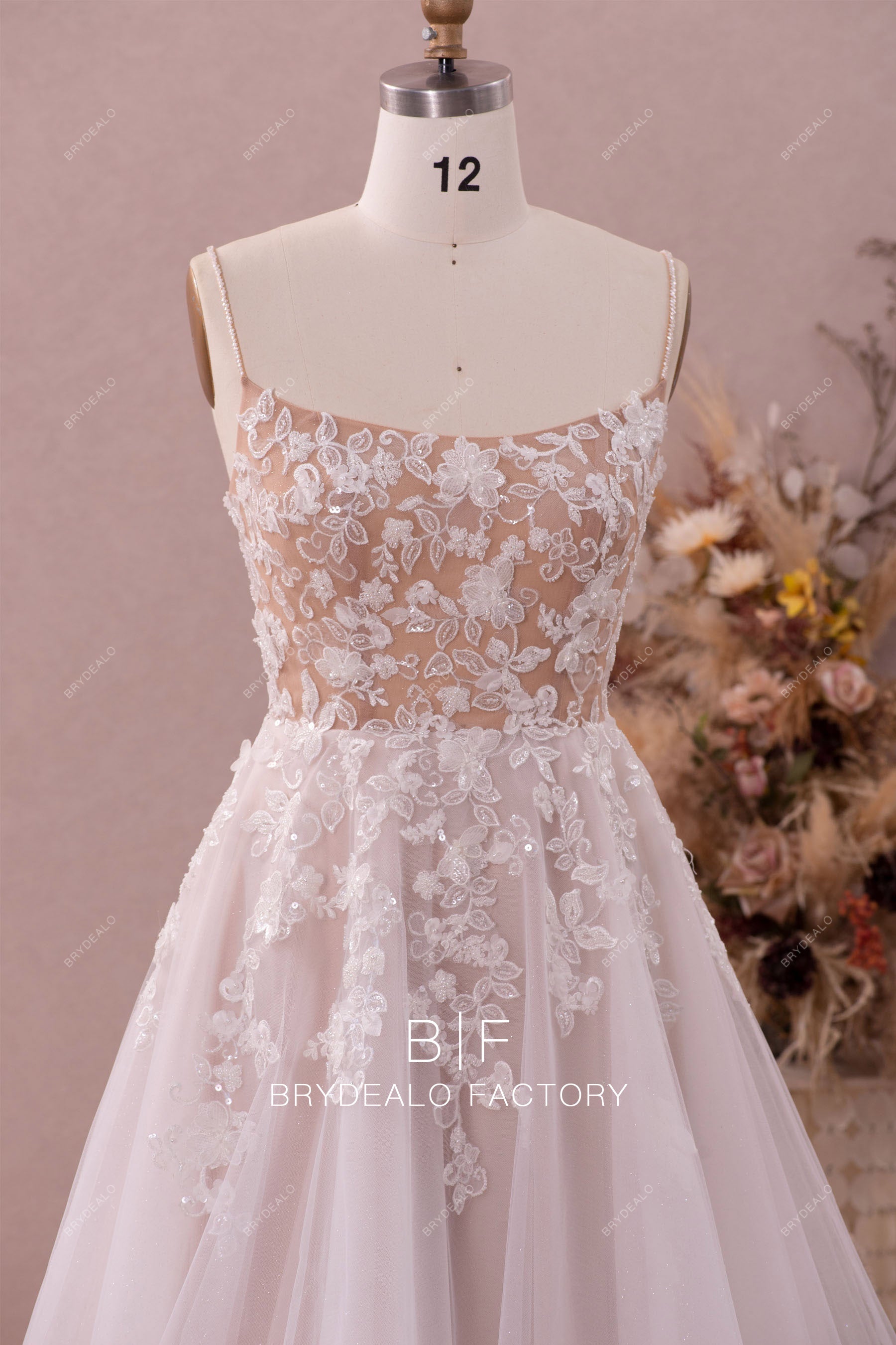 beaded straps flower lace wedding dress