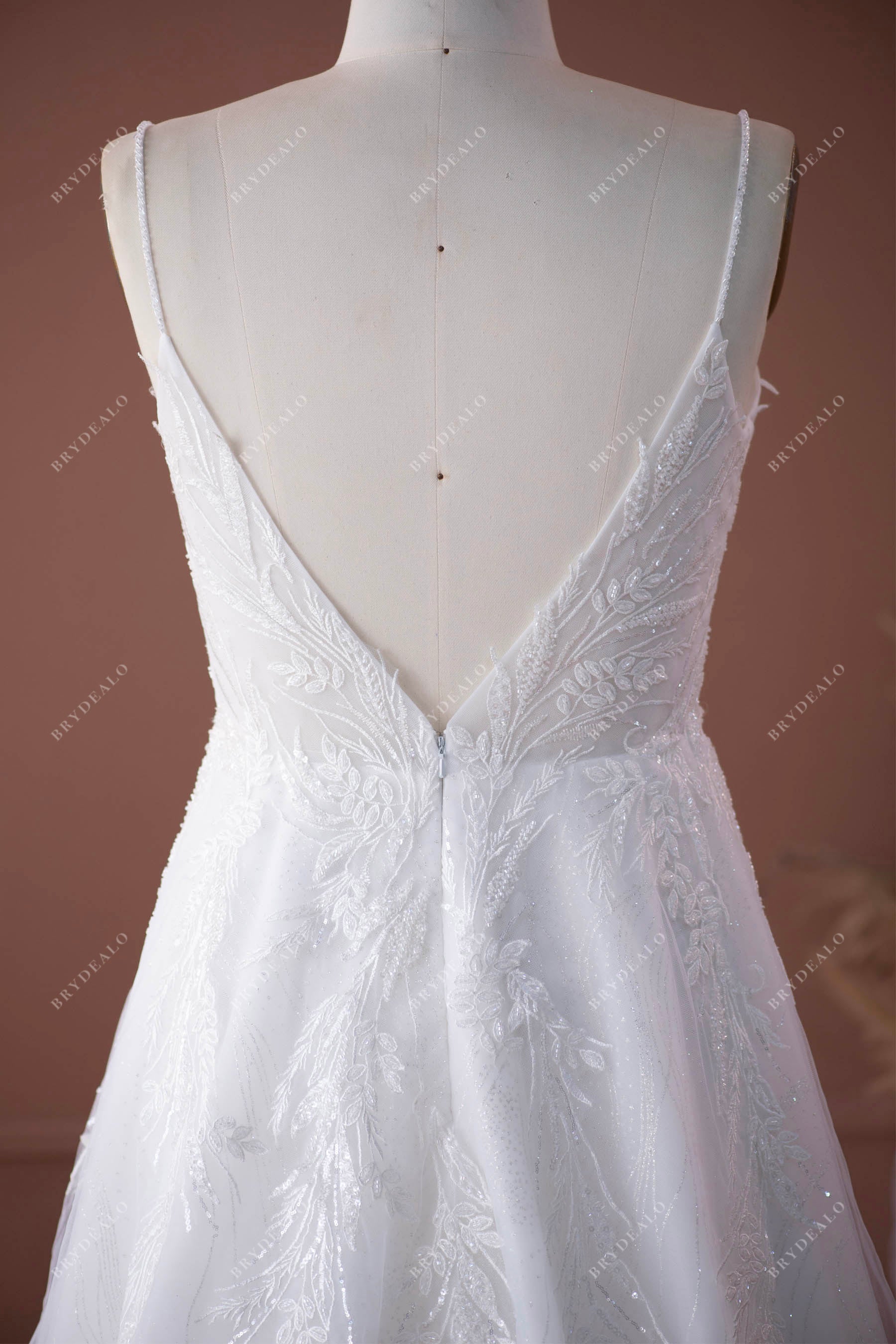 beaded straps v-back lace wedding dress