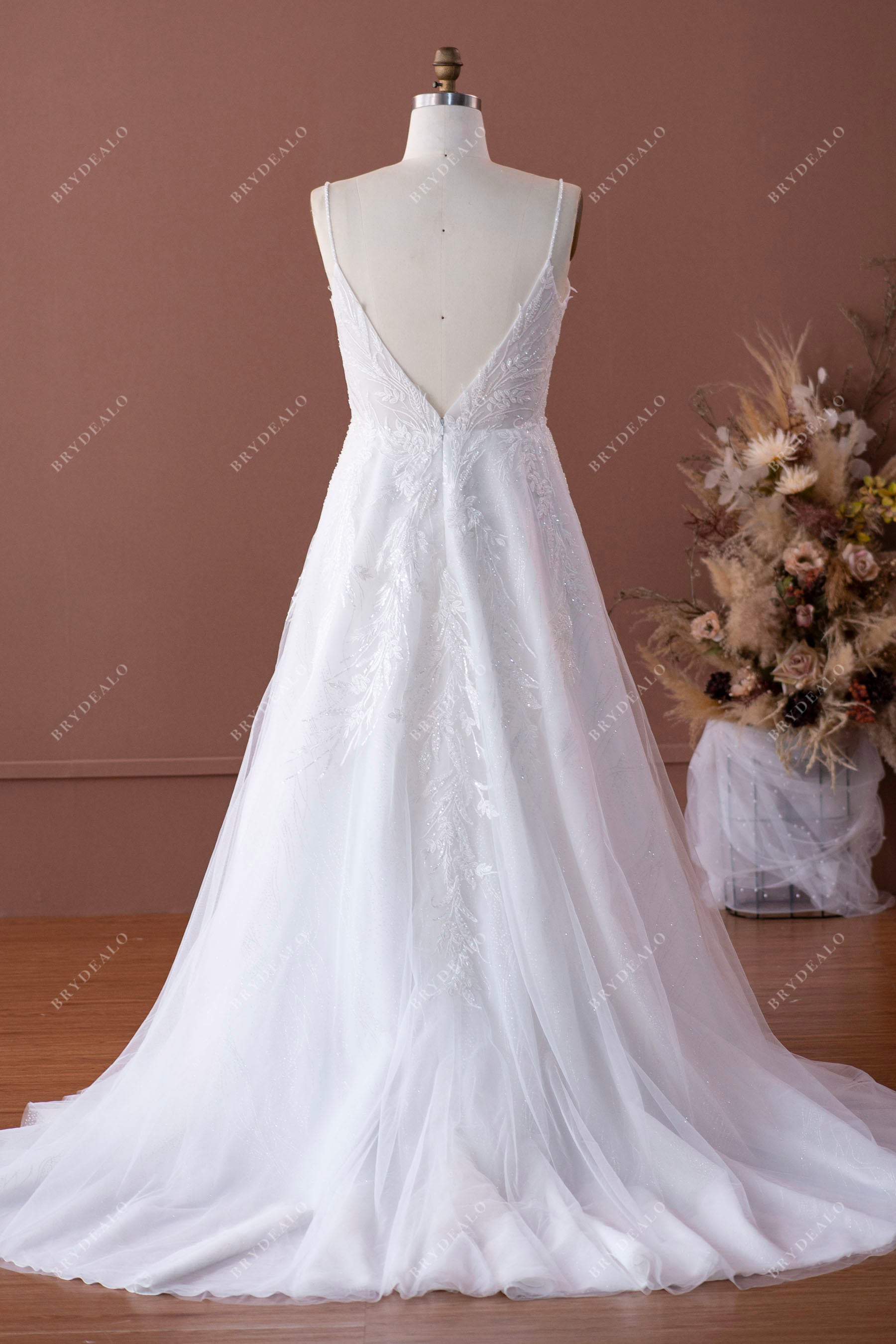 beaded straps v cut back lace wedding dress