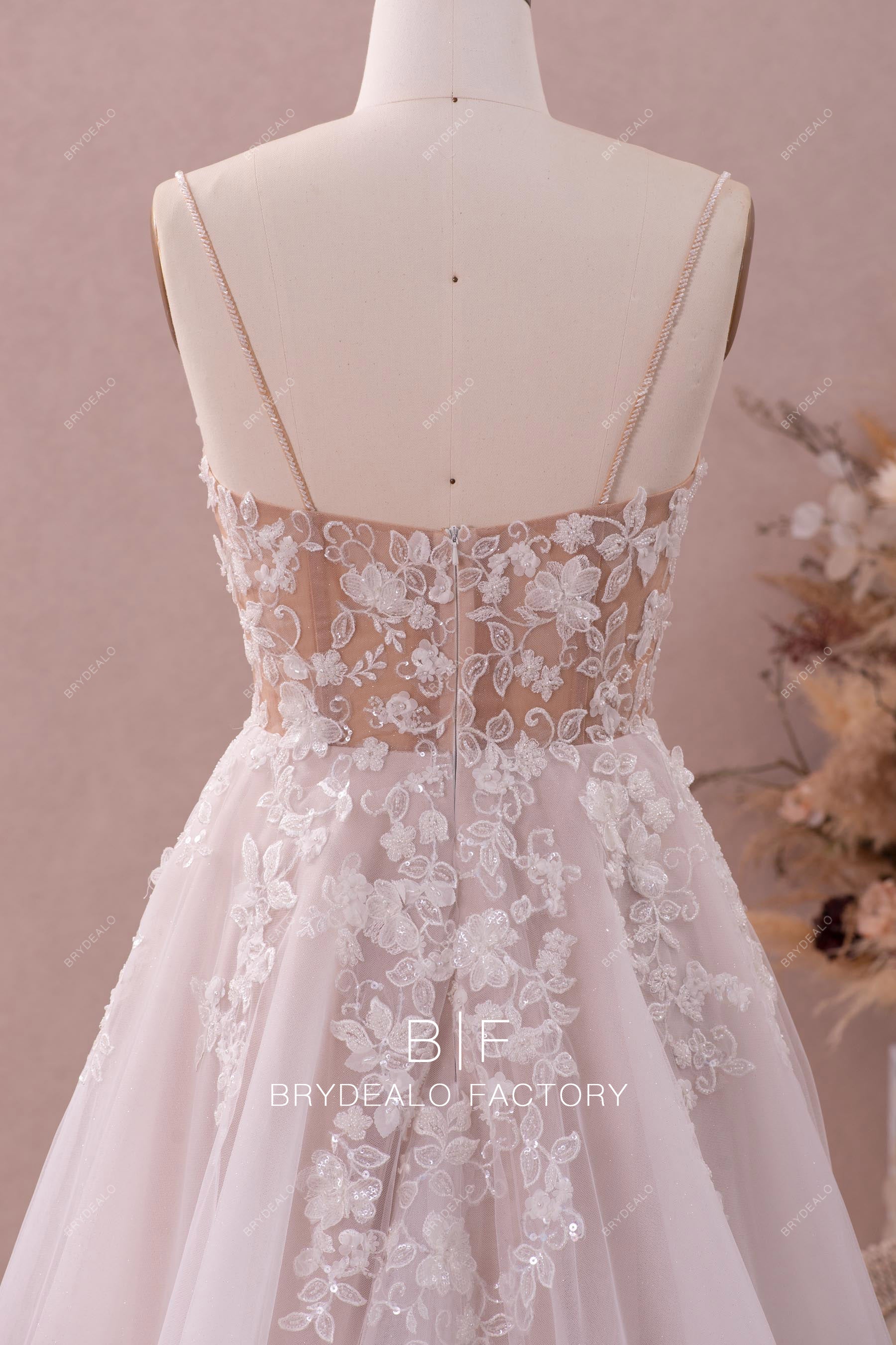 beaded thin straps lace wedding dress