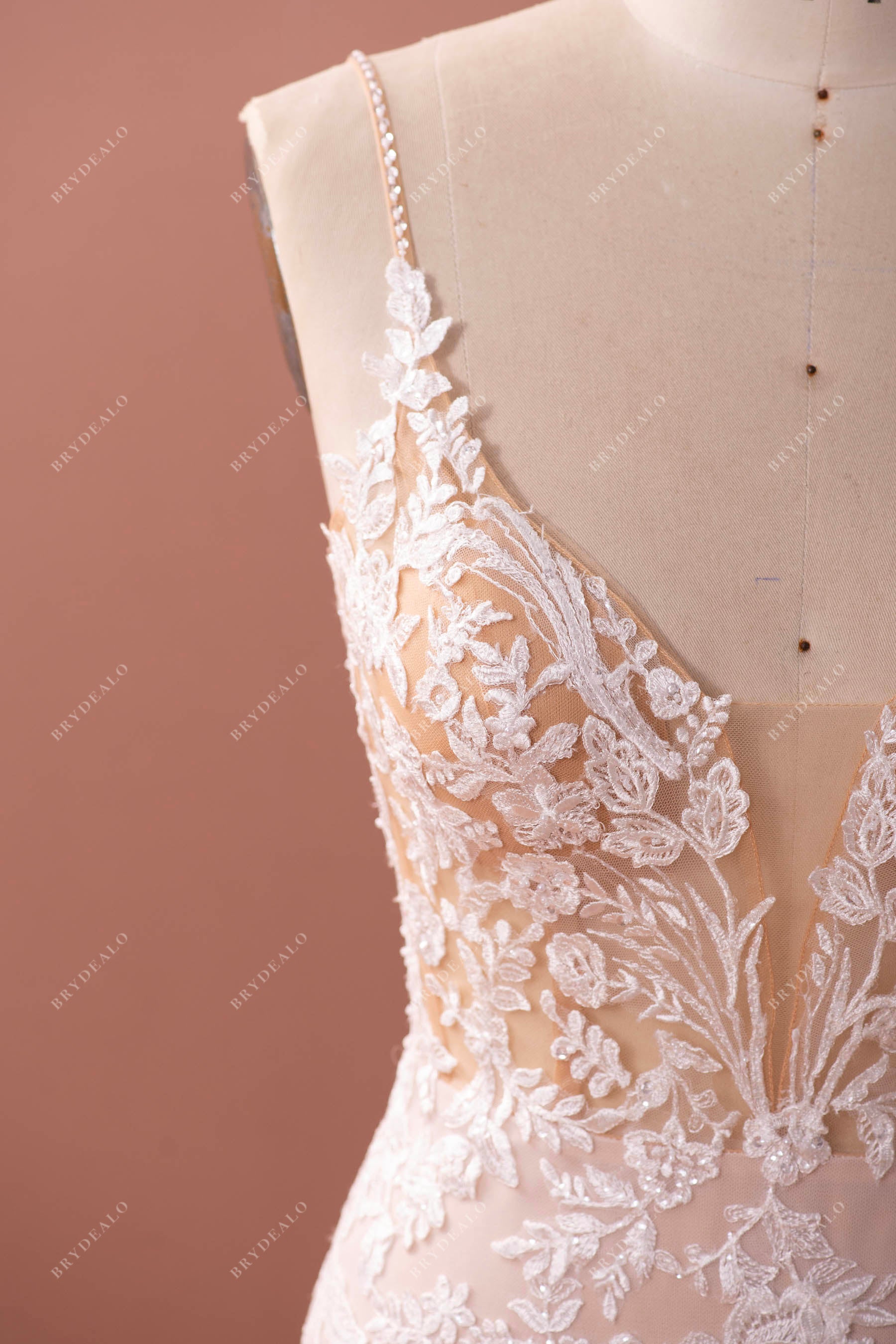beaded thin straps lace wedding gown