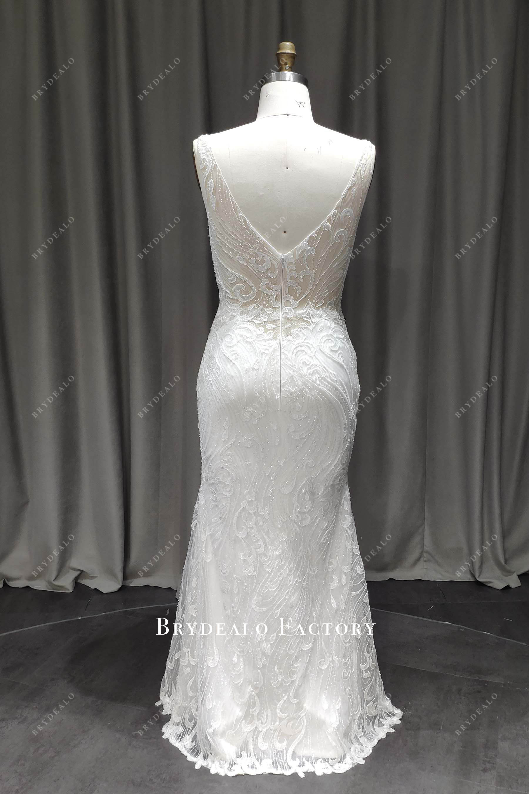 beaded v-cut back fitted wedding dress