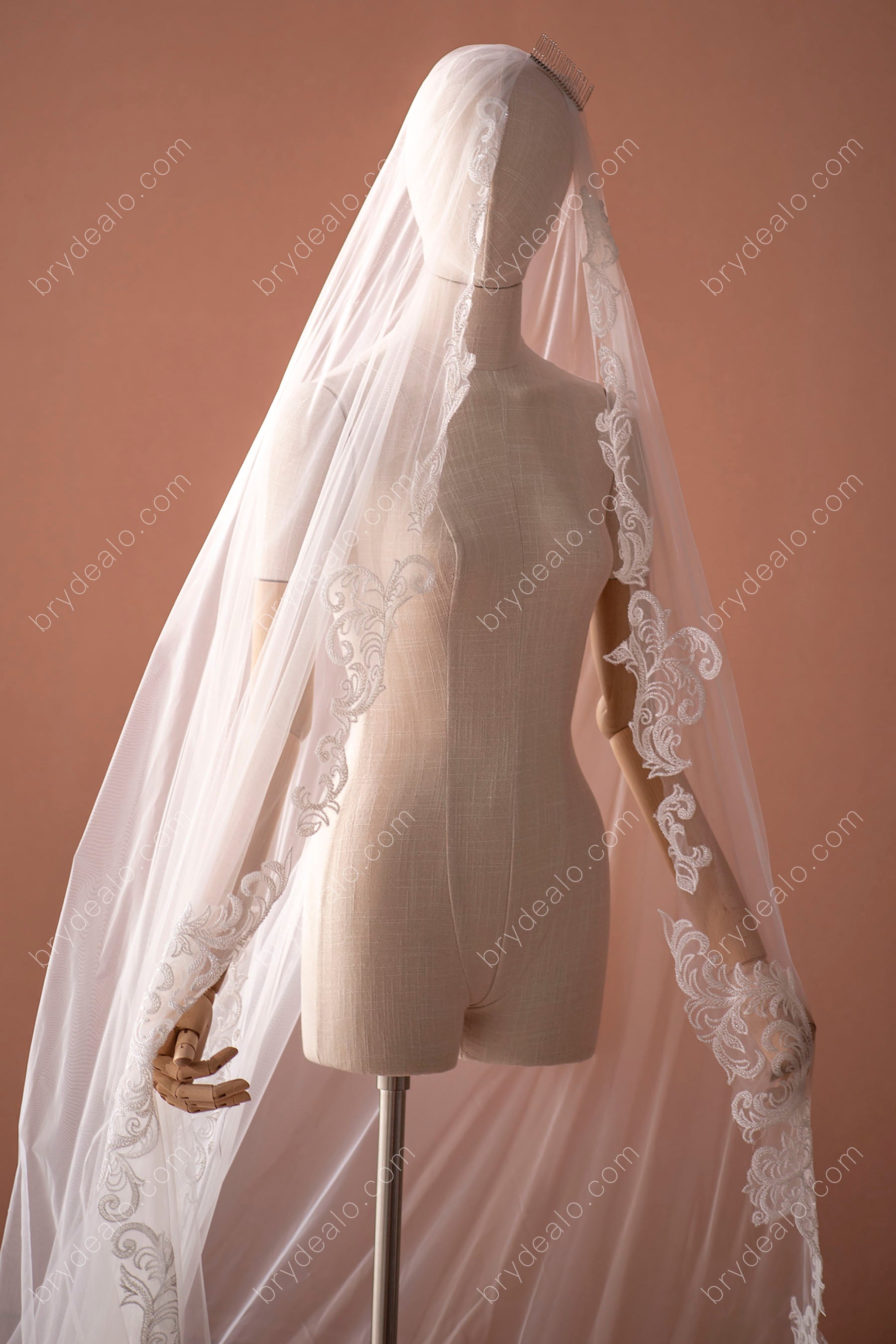 Frcolor Elegent Lace Appliques Wedding Veil Crystal Beaded with Comb