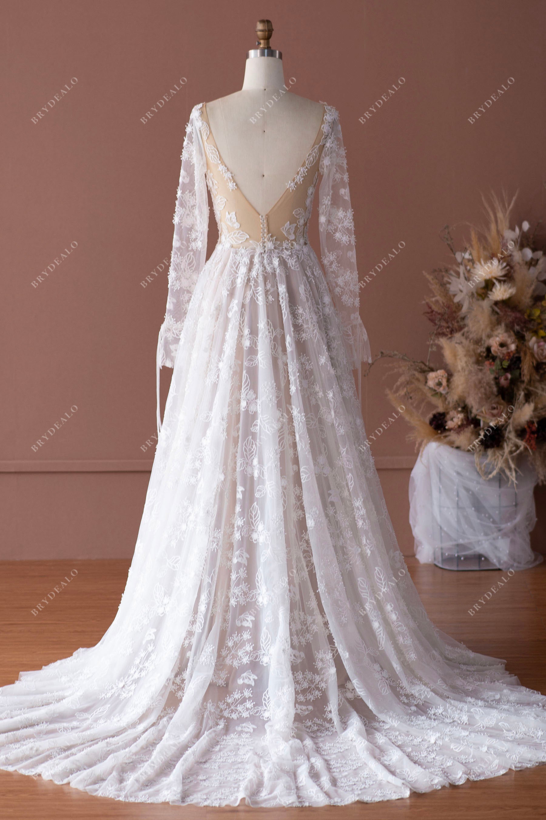bell sleeve open back lace long wedding dress