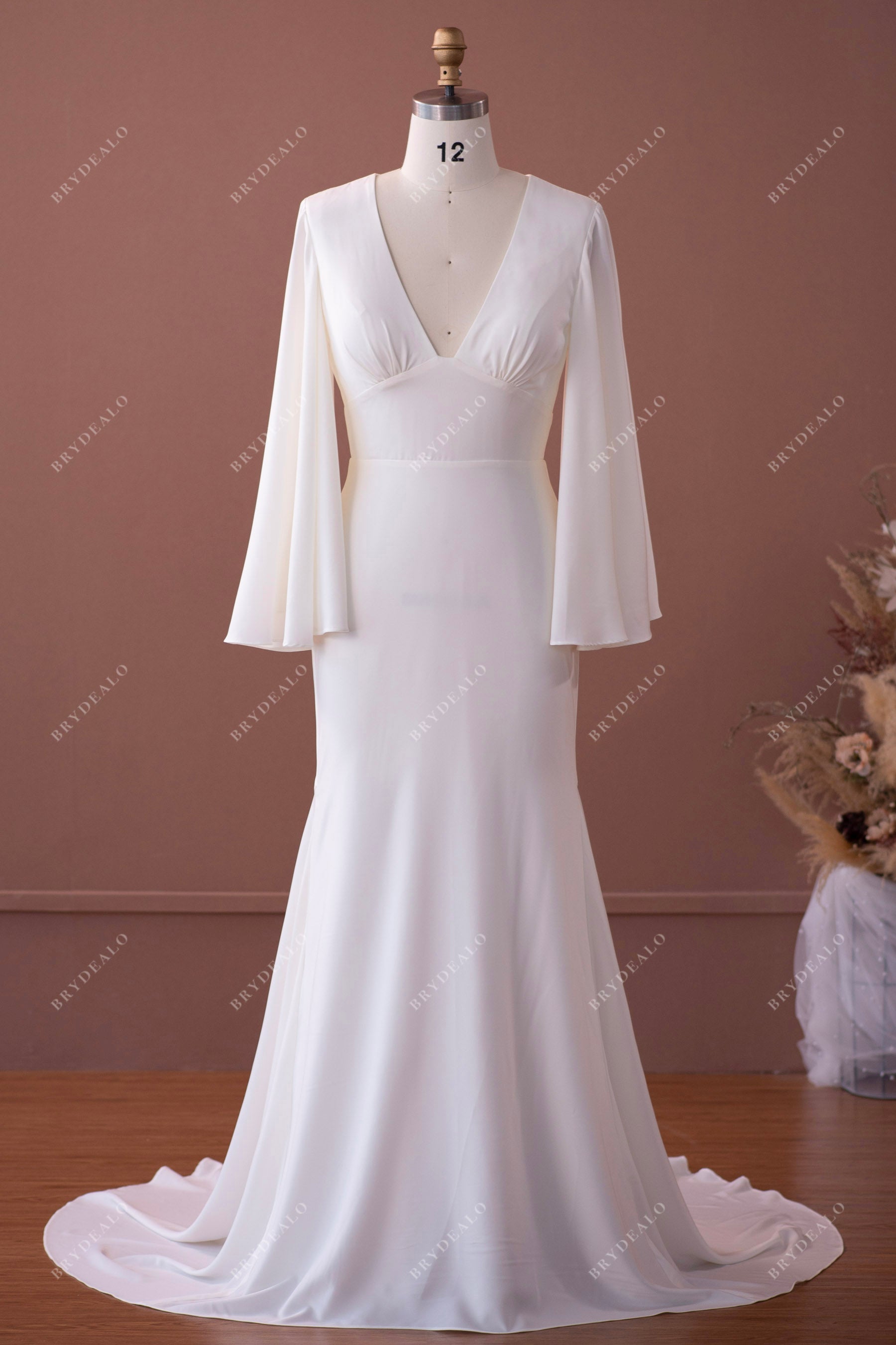 bell sleeve plunging stretchy satin wedding dress