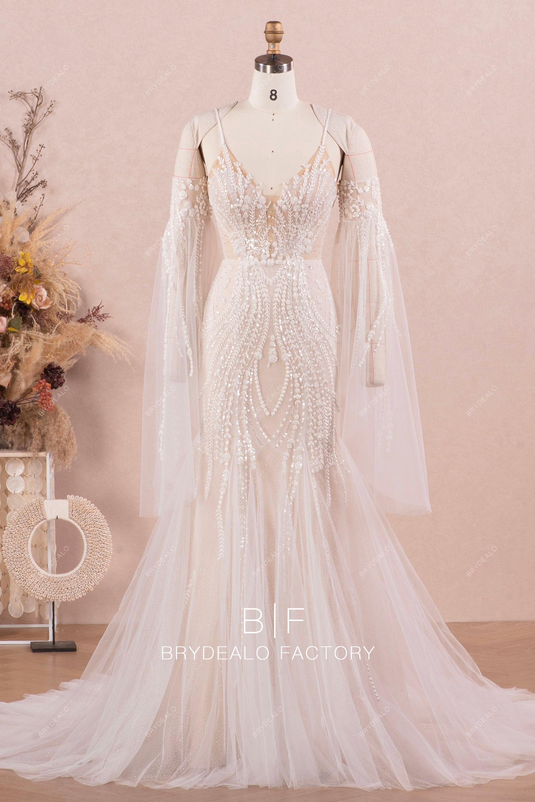 bell sleeve sparkly plunging mermaid boho wedding dress