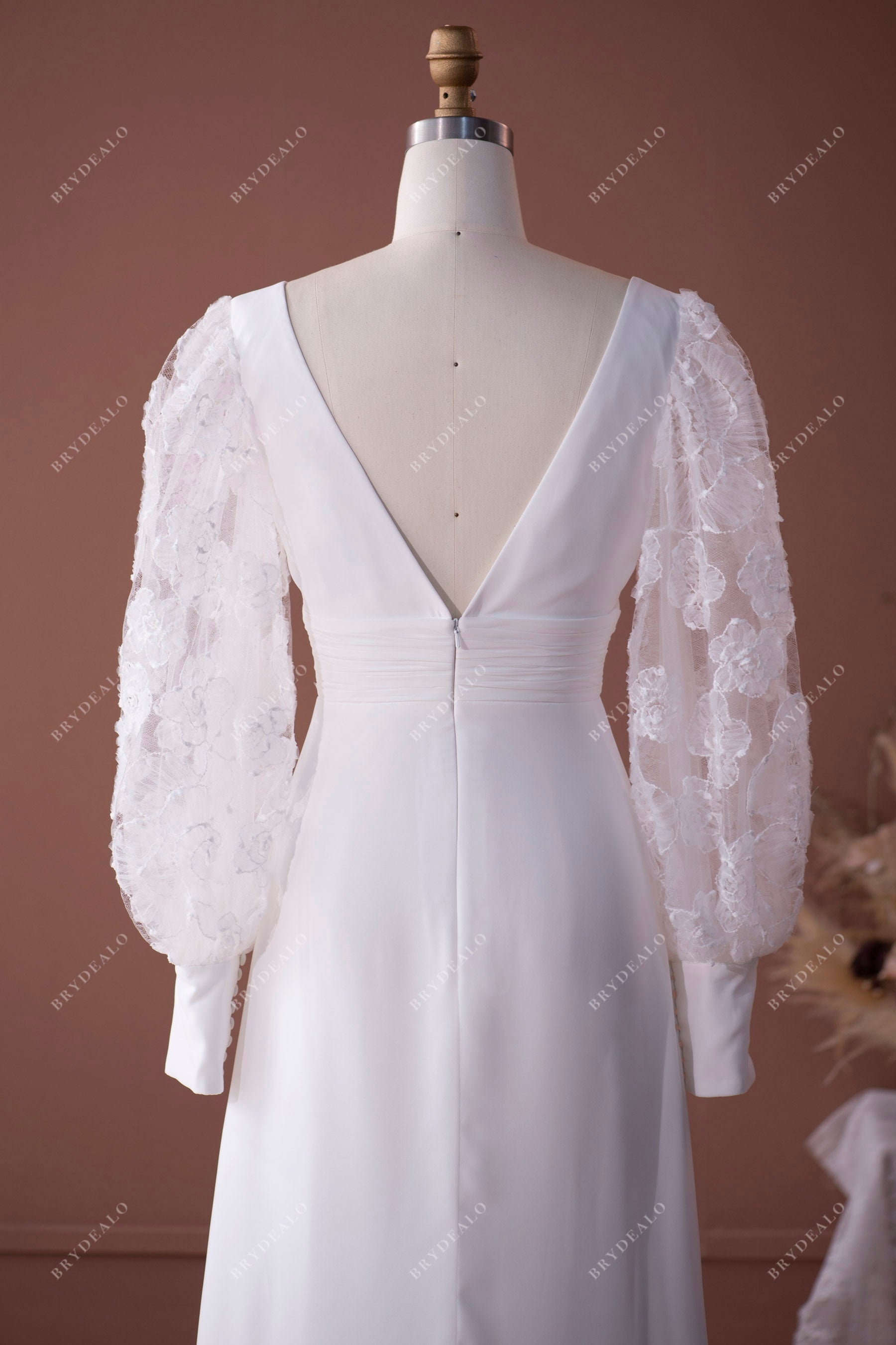 bell sleeve V-back soft chiffon fit and flare wedding dress
