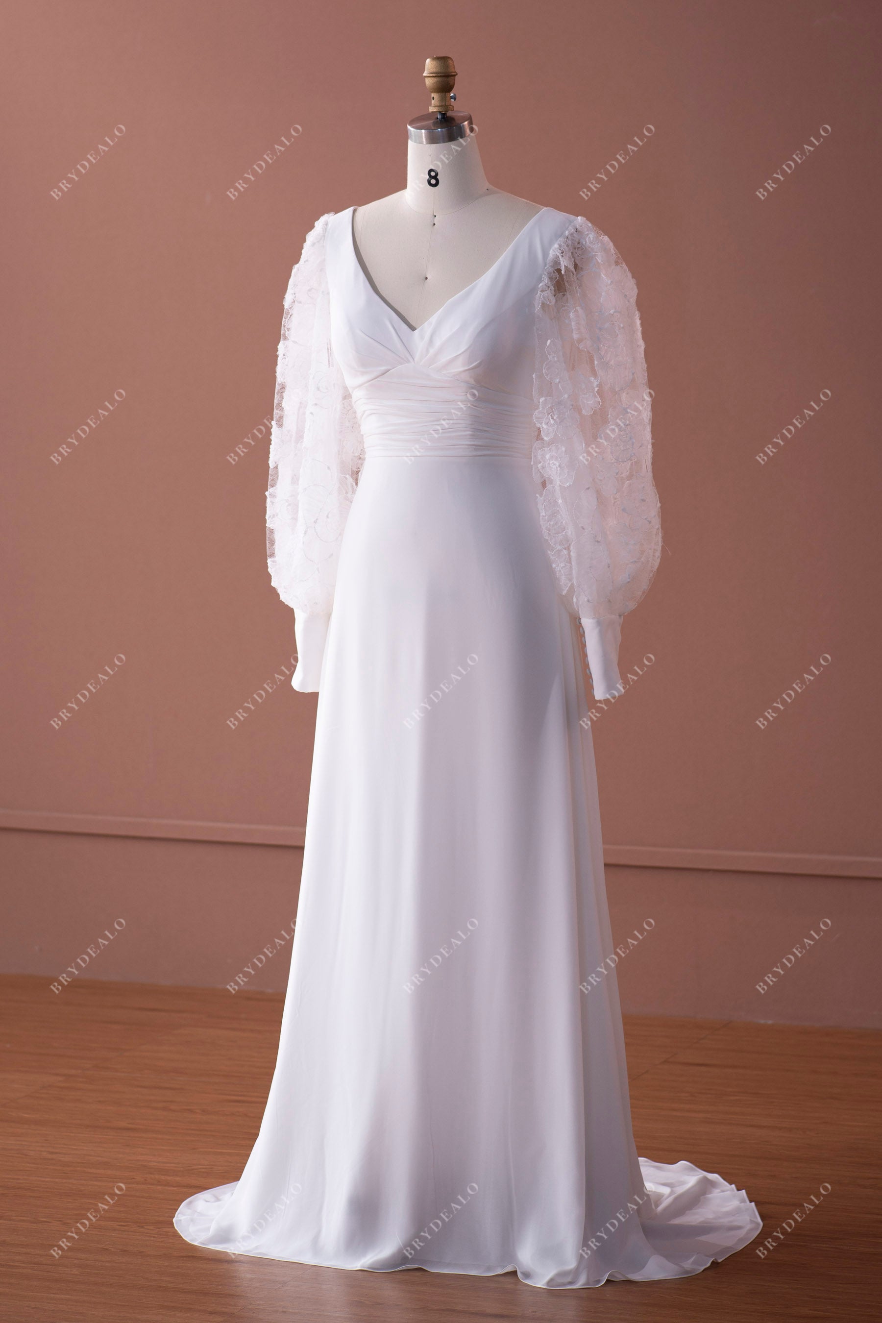 bell sleeve V-neck fit and flare wedding dress