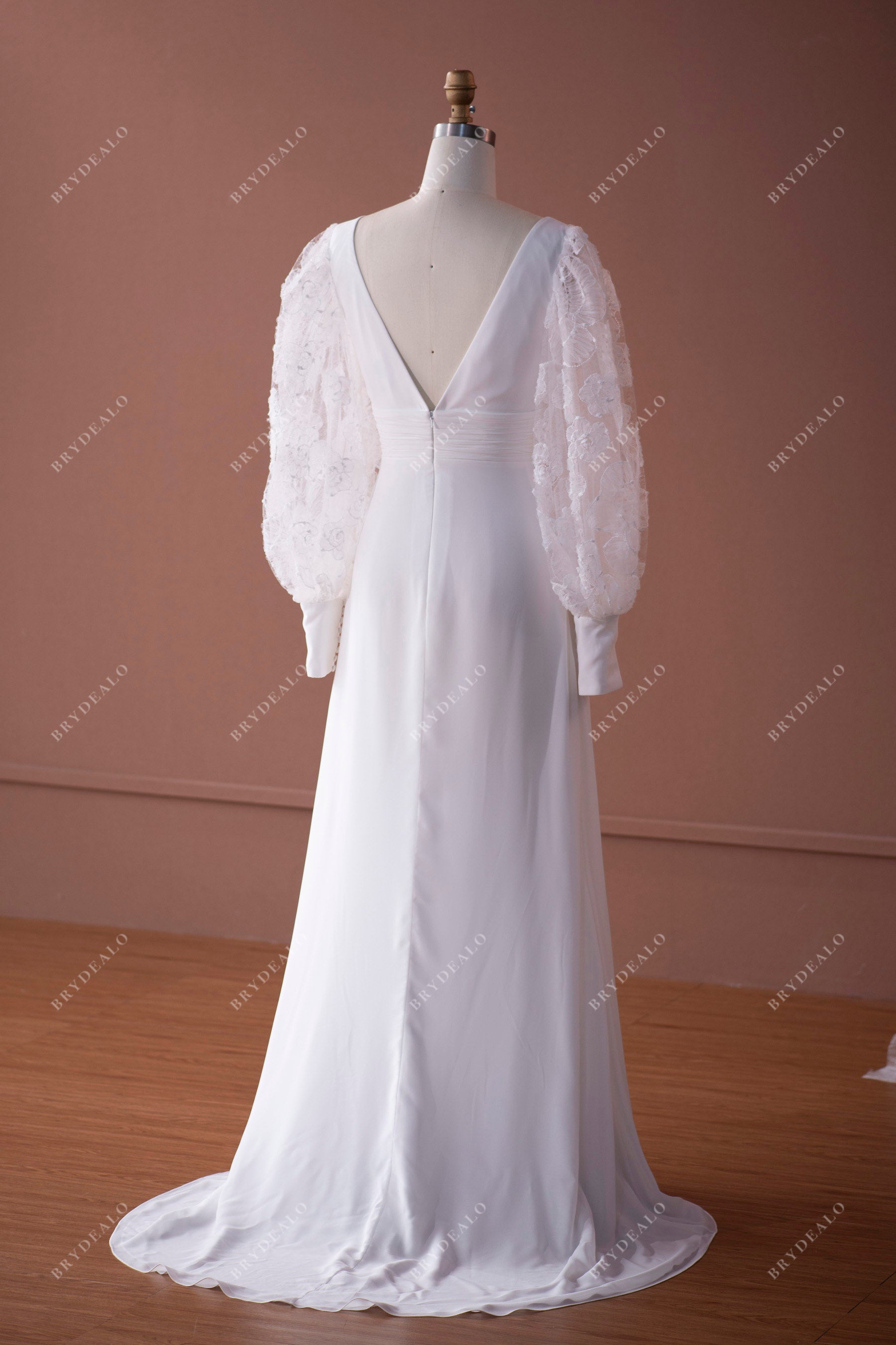 bell sleeve V-back chiffon fit and flare sweep train bridal gown