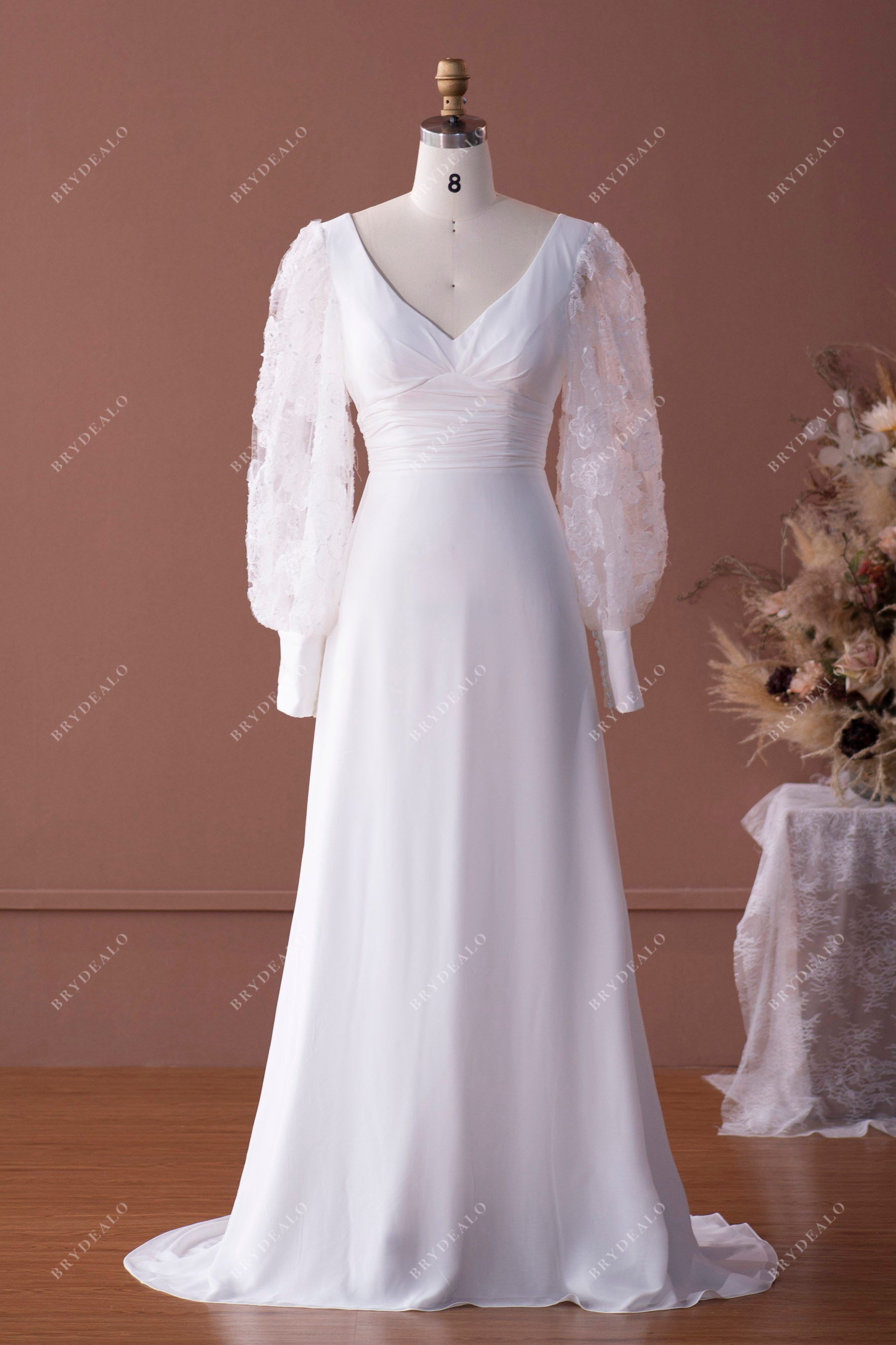 bell sleeve V-neck soft chiffon fit and flare wedding dress