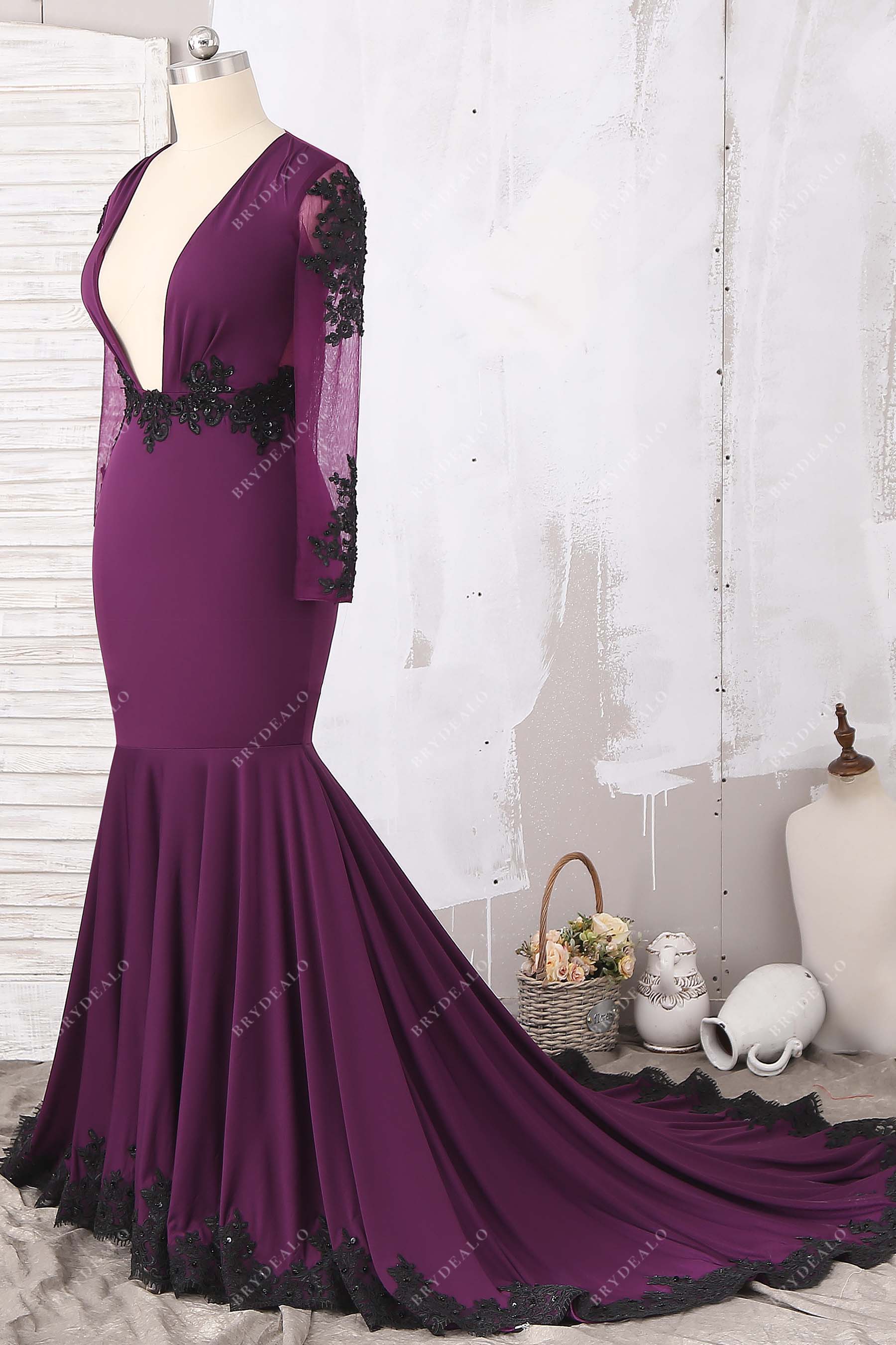 black appliques sheer sleeved prom gown