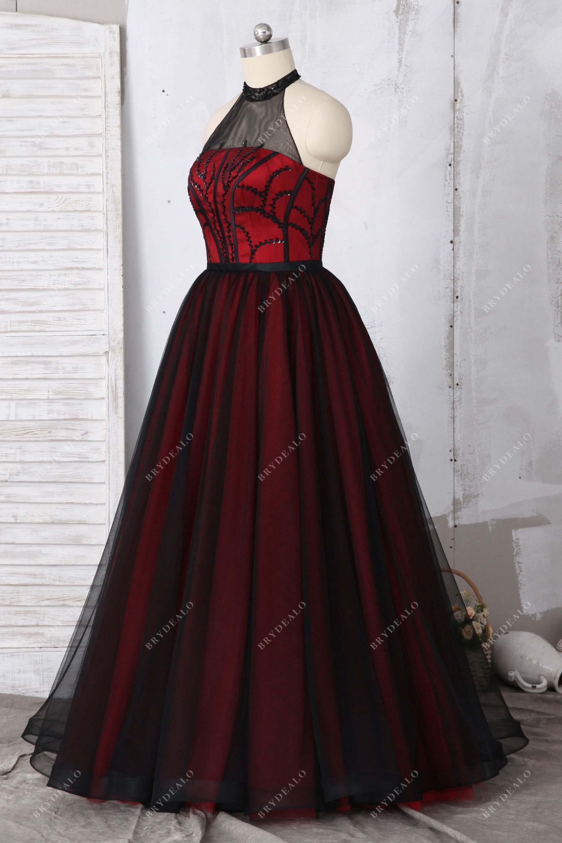 black halter neck red ball gown dress