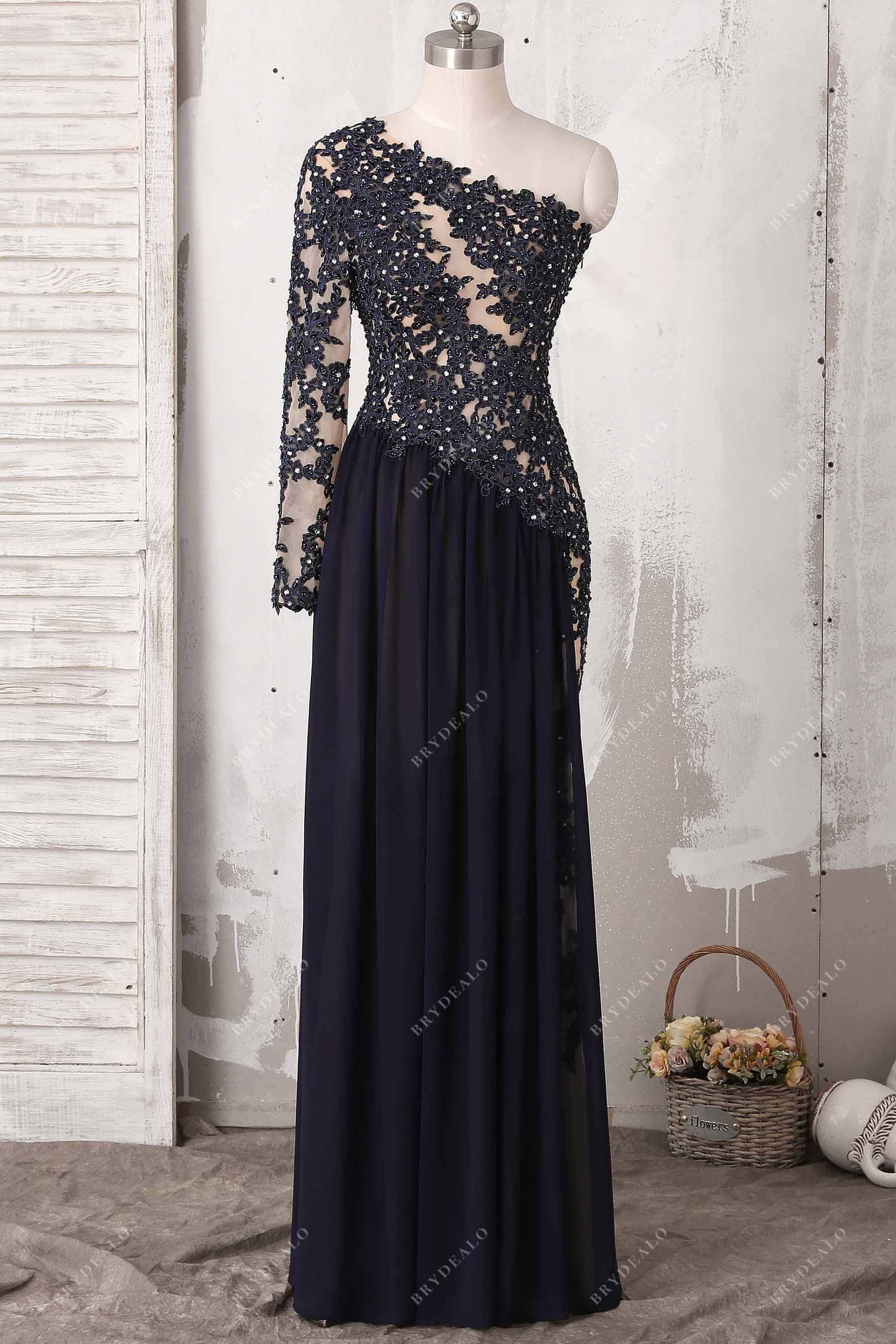 dark navy lace sheath floor length prom dress