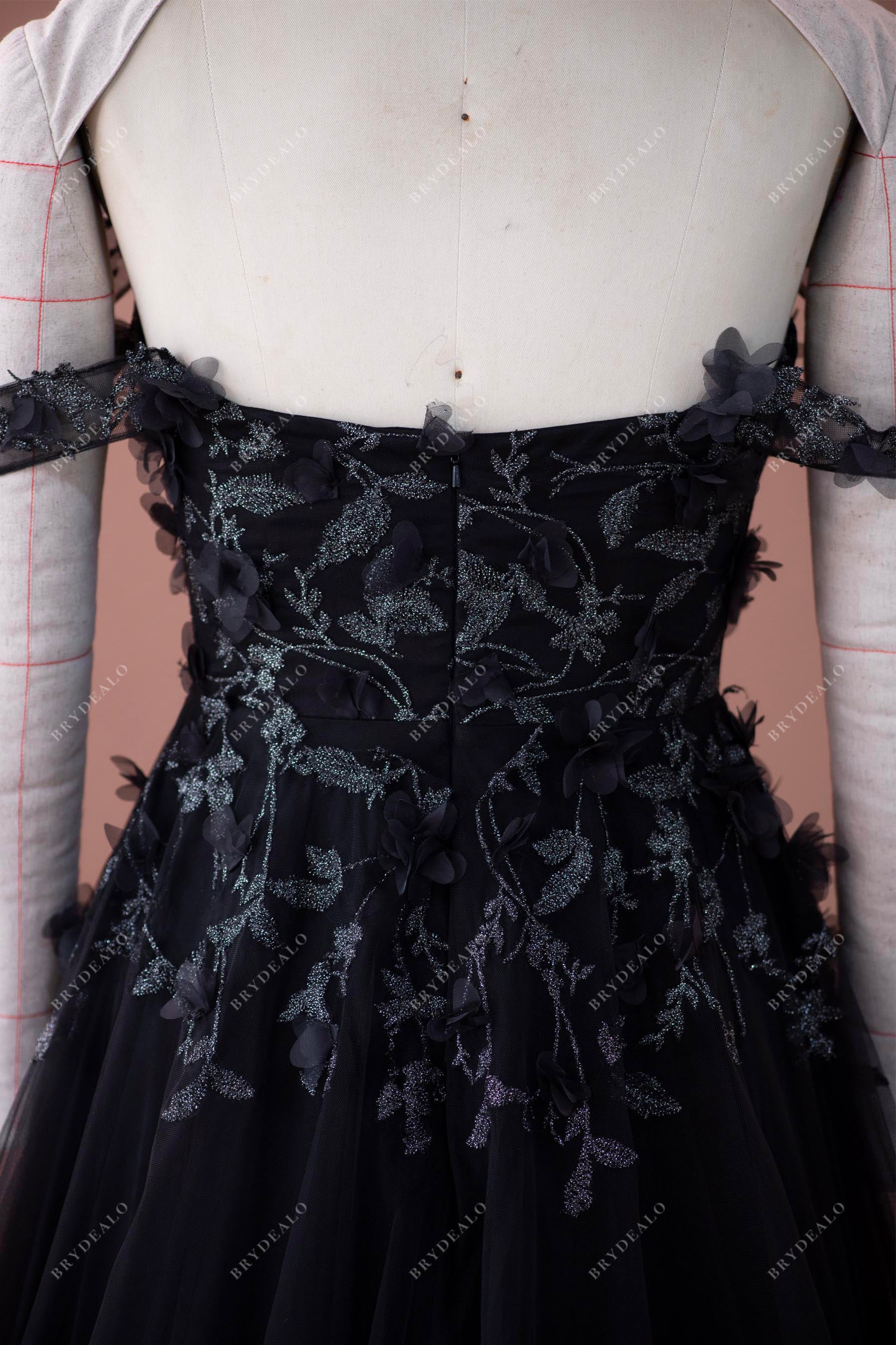 black off-shoulder flower lace tulle bridal dress