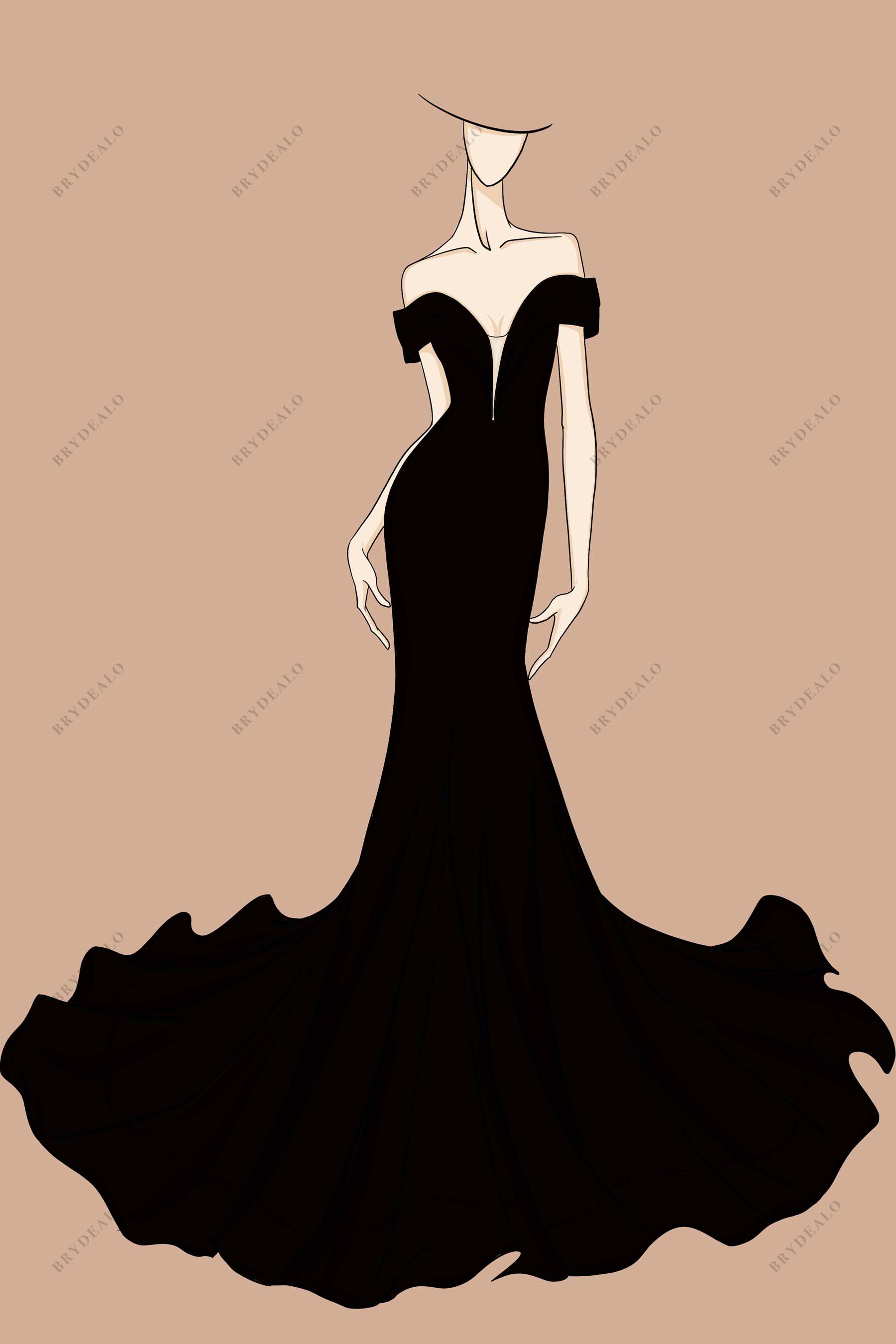 Black Off-shoulder Plunging Neck Custom Formal Dress Sketch