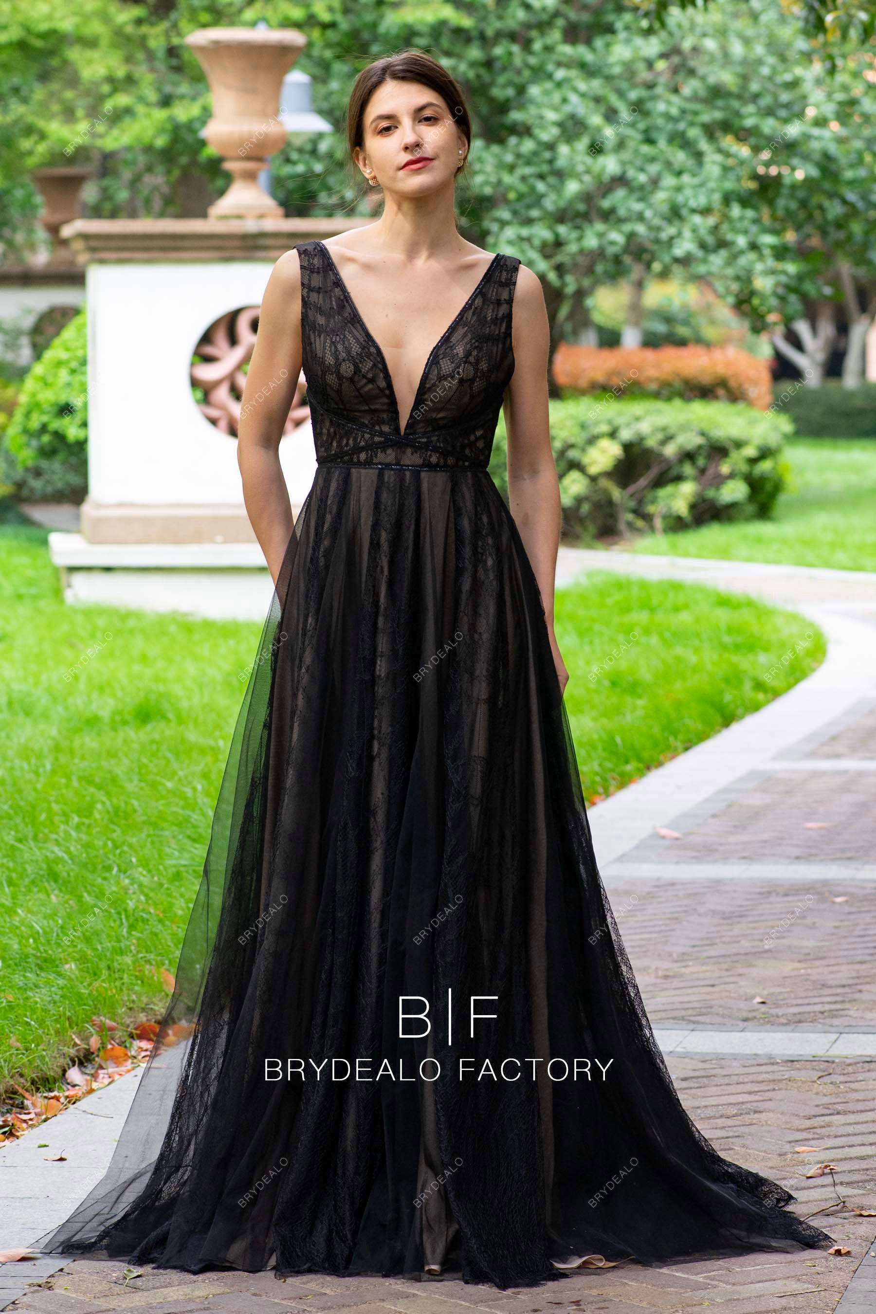 black plunging lace tulle boho wedding dress