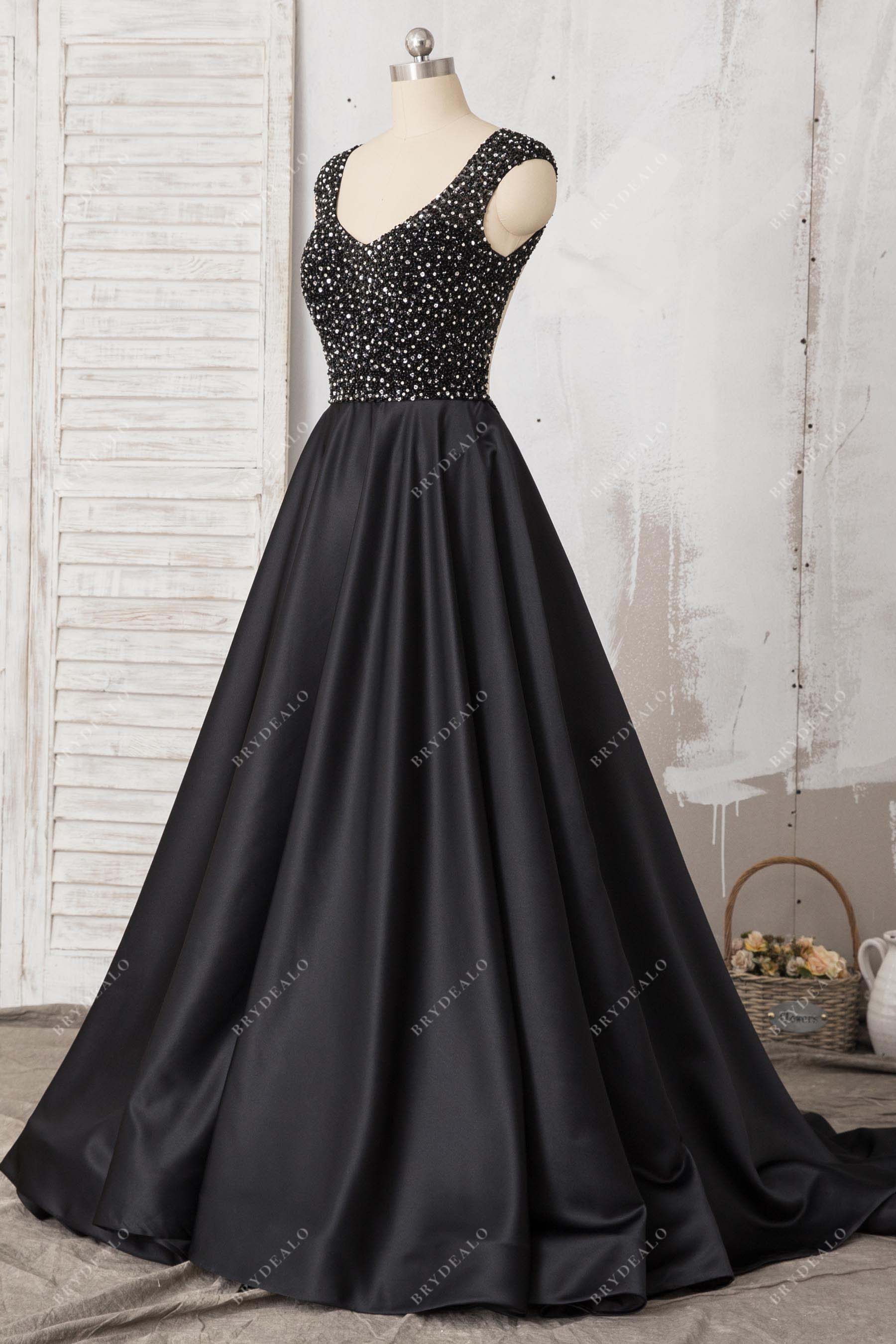 black satin A-line beaded prom dress