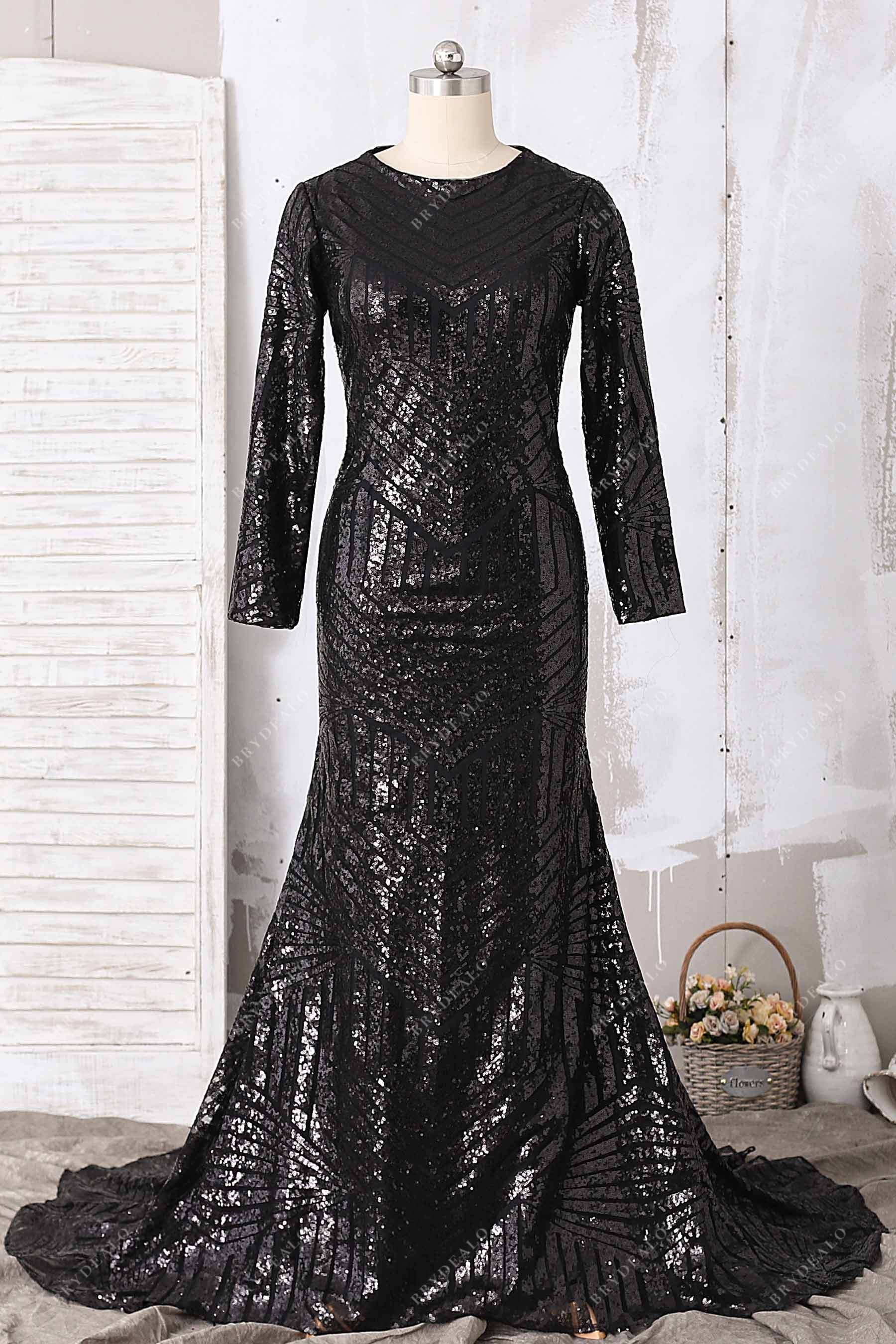 black sequin long sleeves mermaid prom dress
