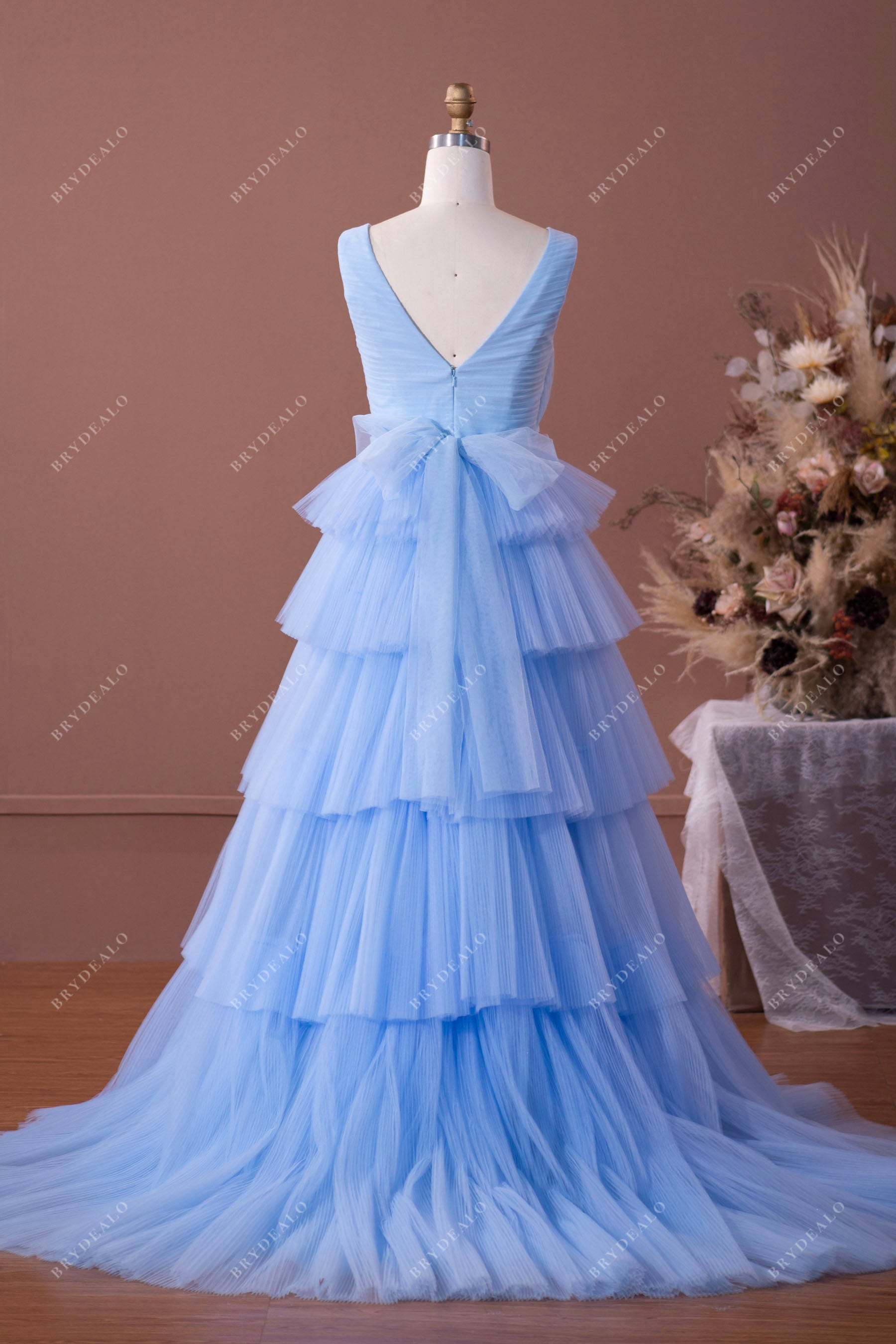 blue straps pleated tiered tulle long prom formal gown