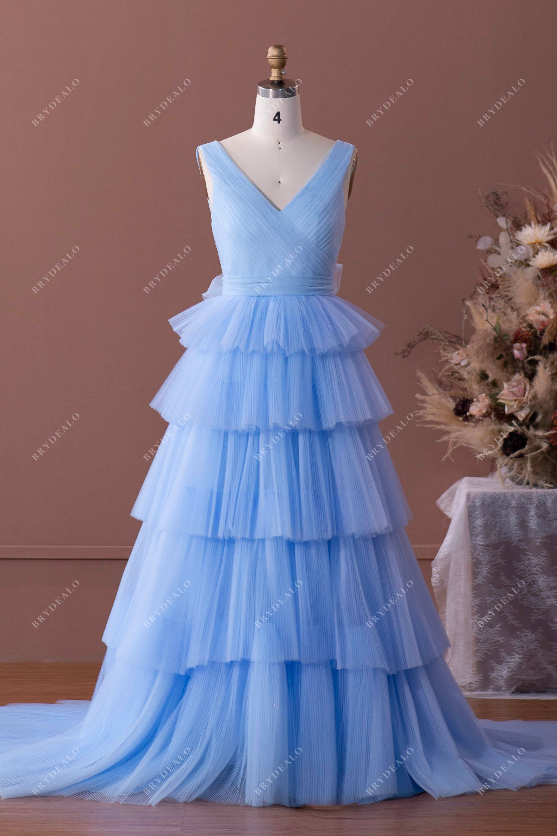 blue straps pleated tiered tulle prom formal dress
