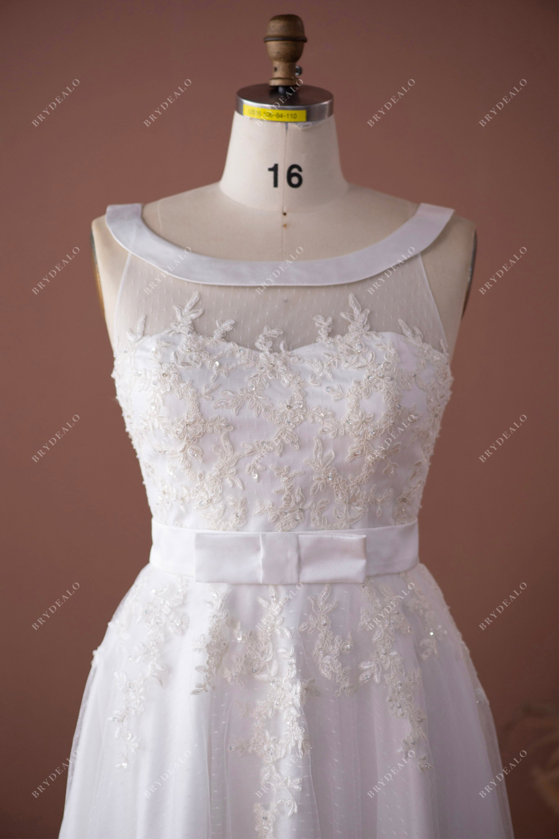 boat neck beaded lace wedding dress