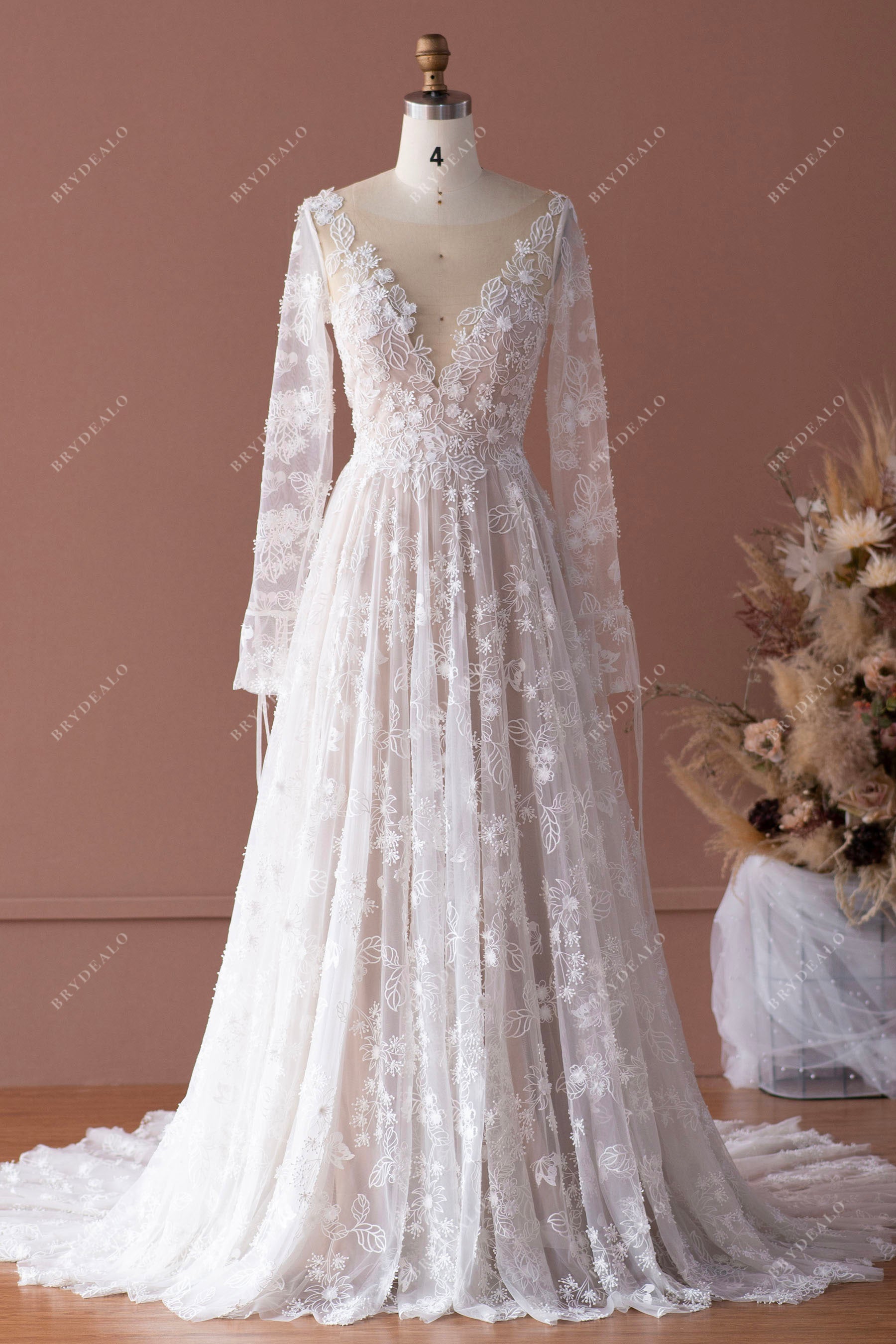 boho bell sleeve flower lace A-line wedding dress