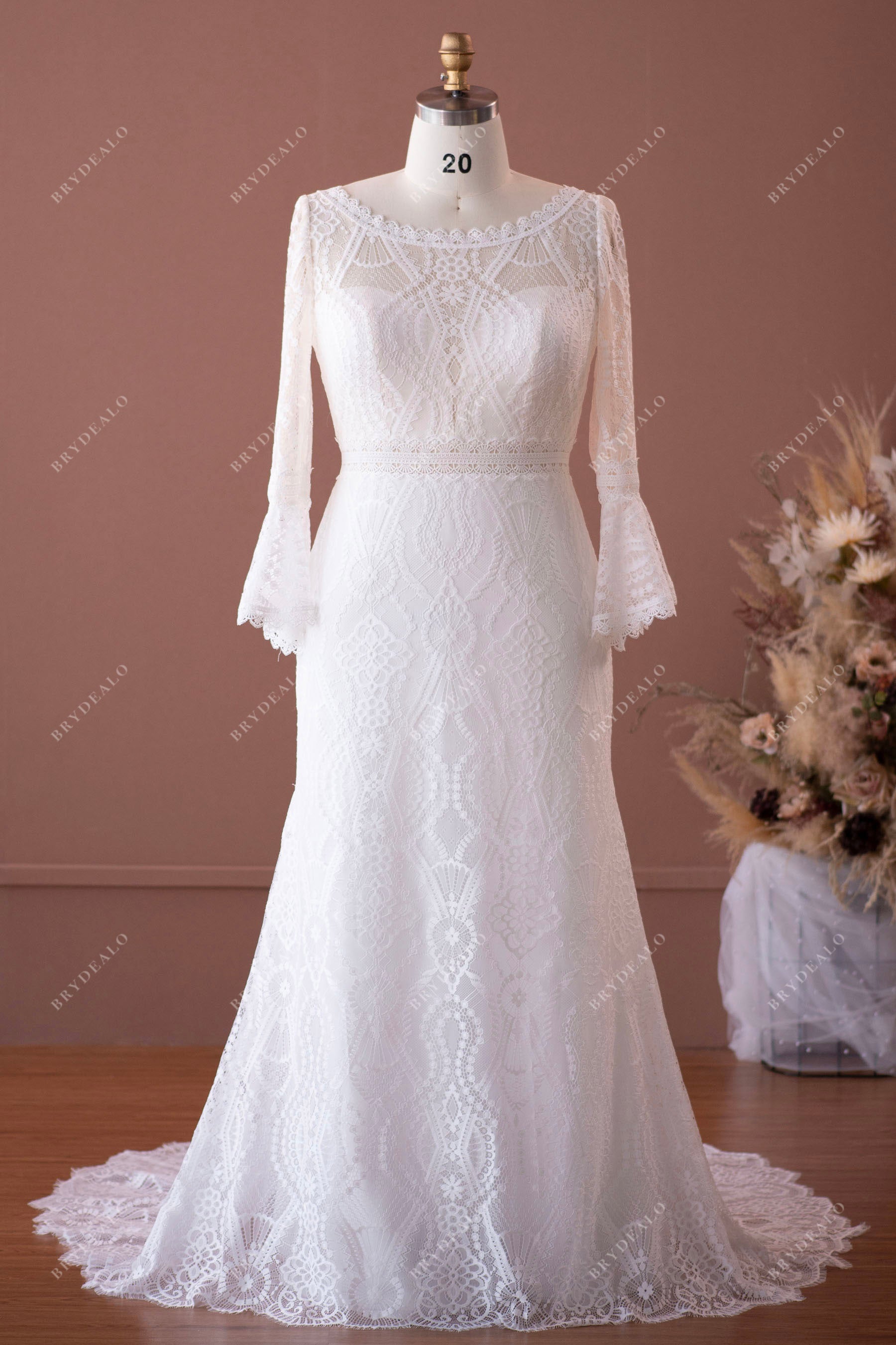 boho bell sleeve lace wedding dress