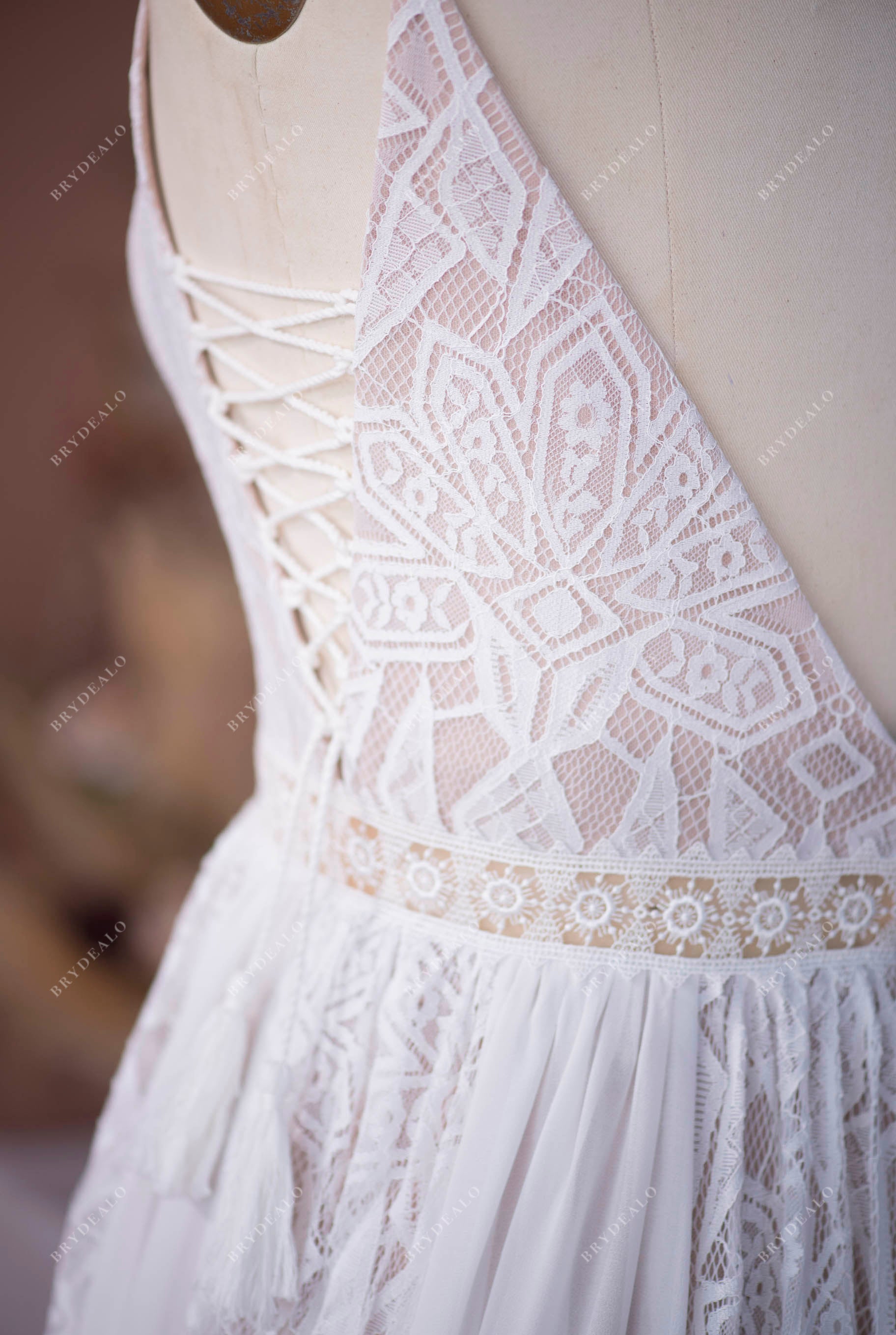 Plus Size Soft Lace Chiffon Boho Tassel Beige A-line Wedding Dress