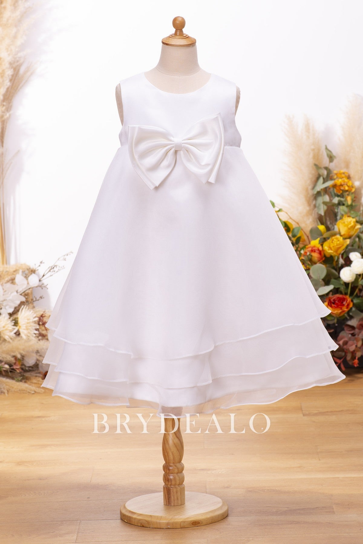 Simple Bow Organza Tea Length Flower Girl Dress