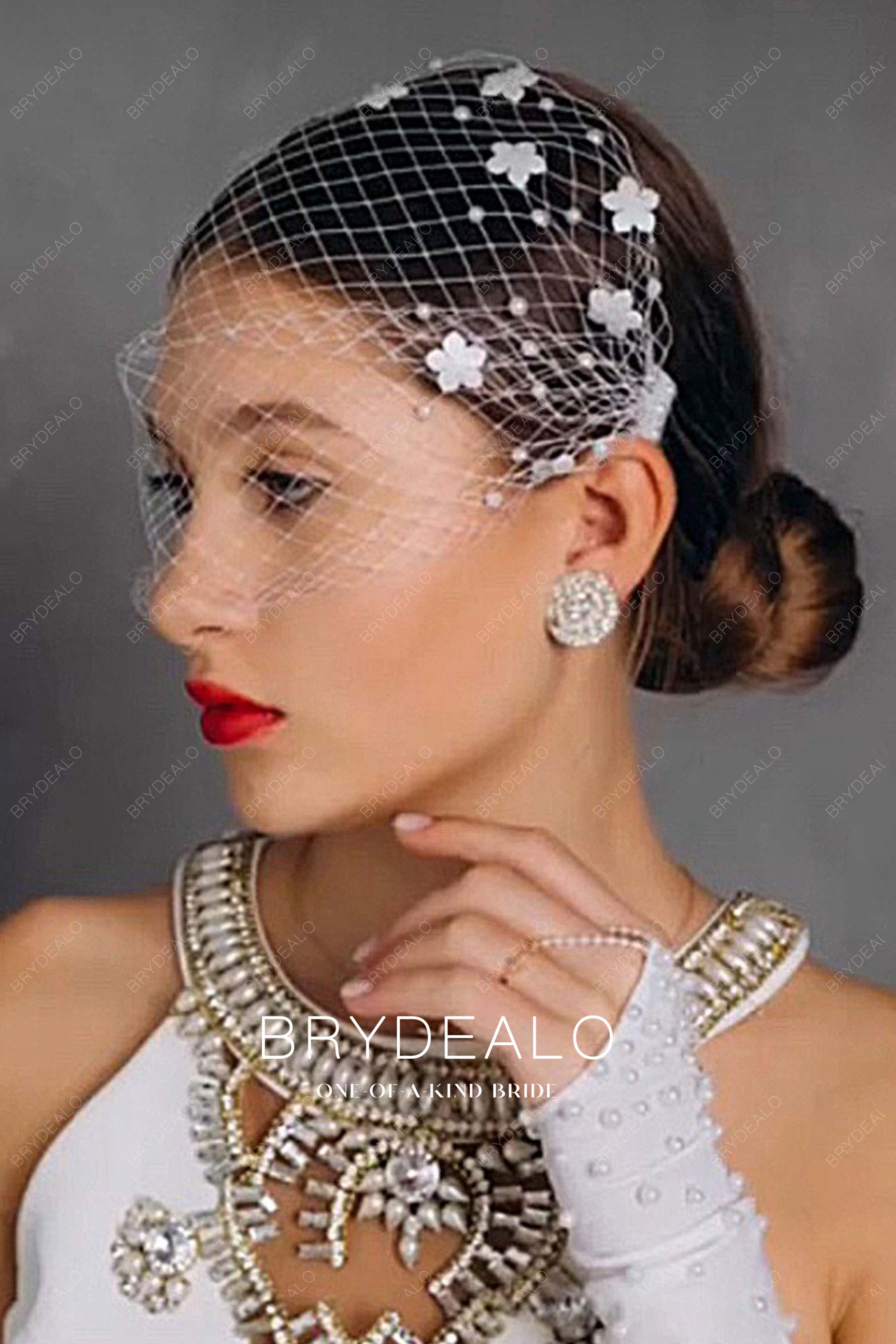 bridal flower pearl birdcage veil