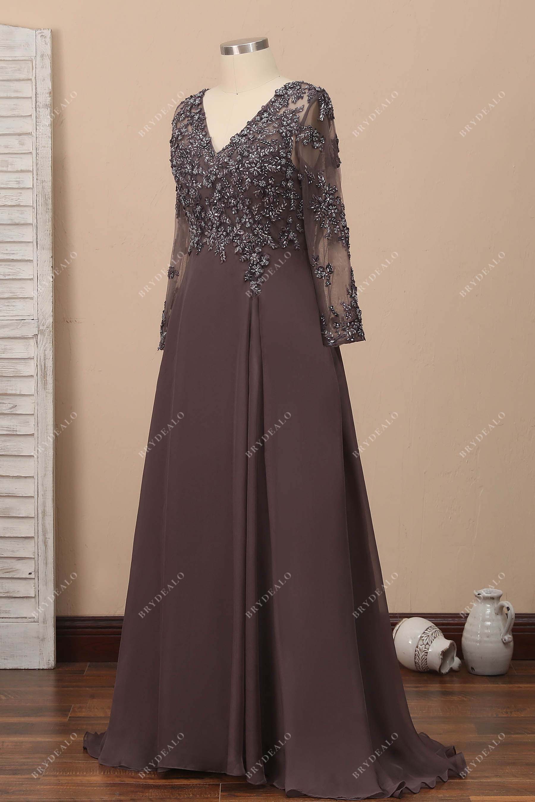 brown A-line chiffon beaded prom dress