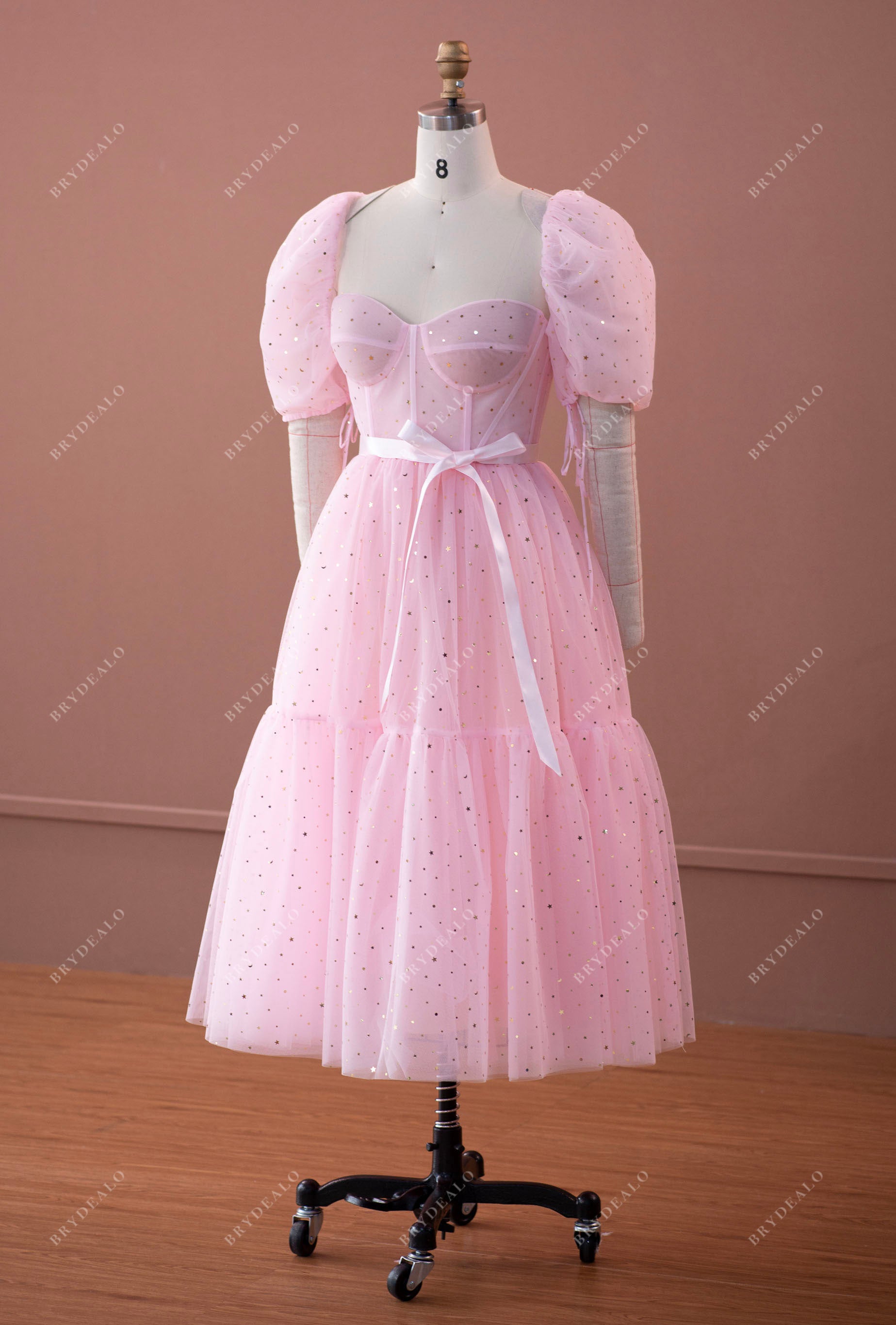 bubble sleeve sweetheart corset pink prom formal gown