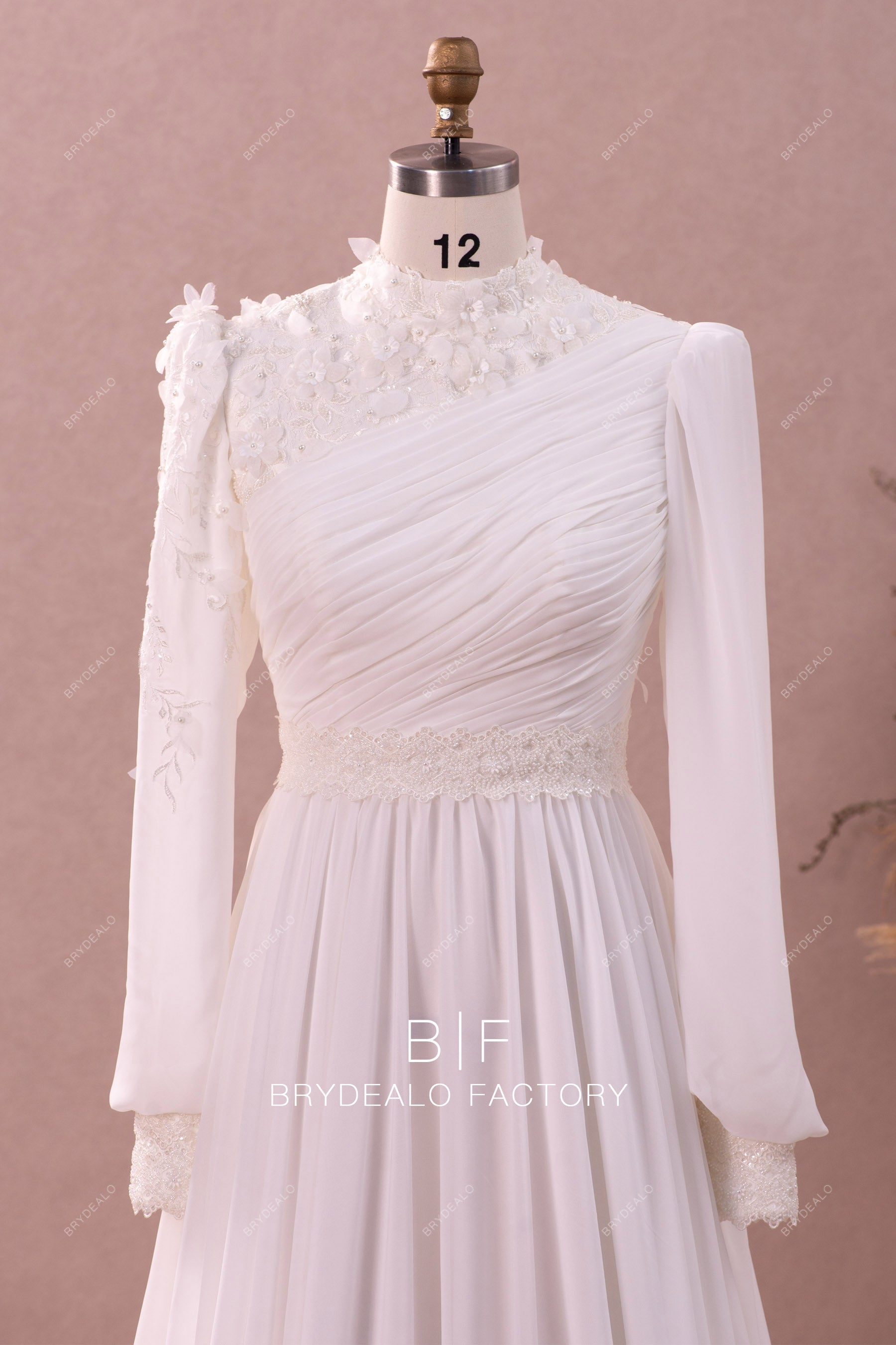 bubble sleeve high neck wedding dress