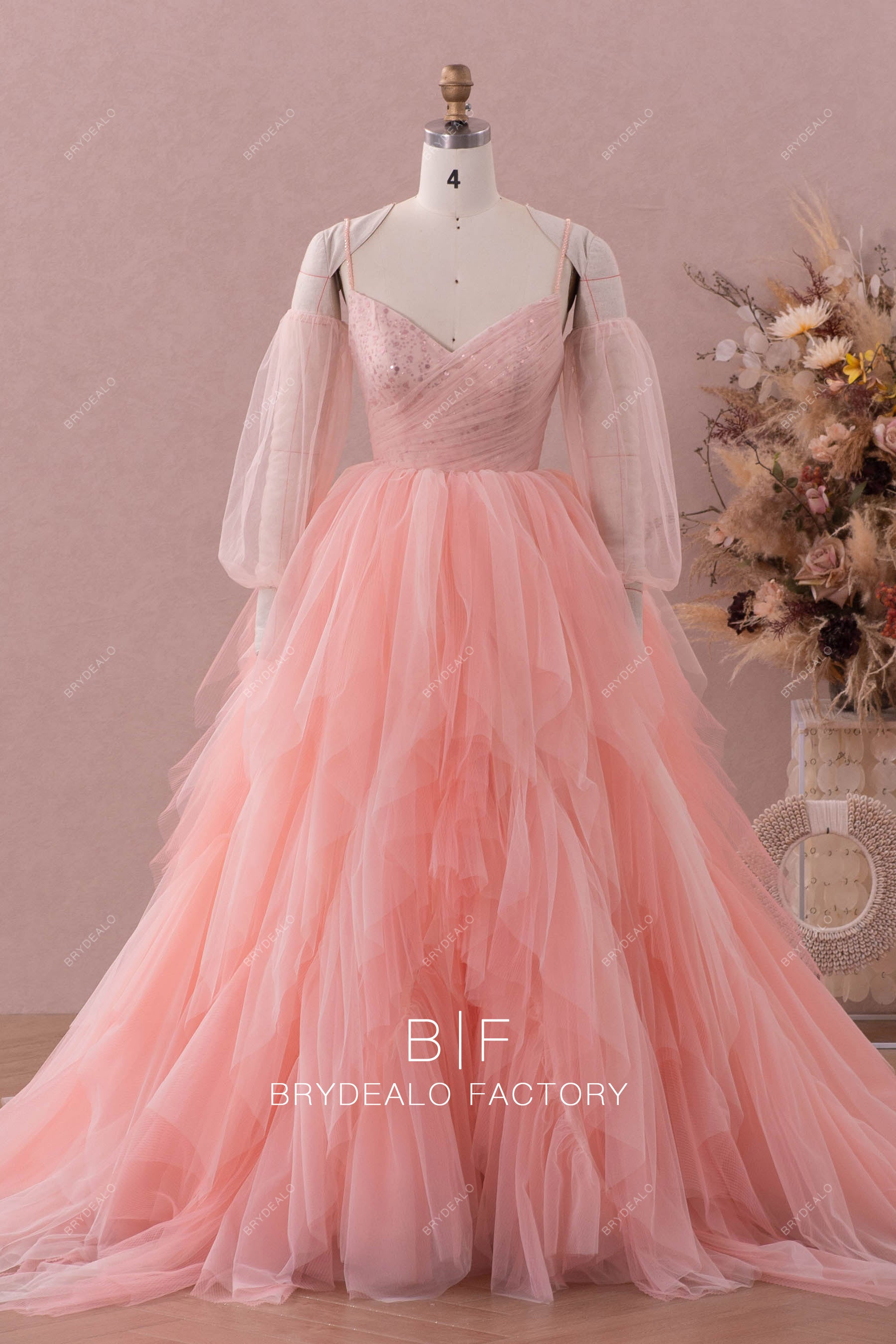 bubble sleeve pleated tulle ruffled wedding dress