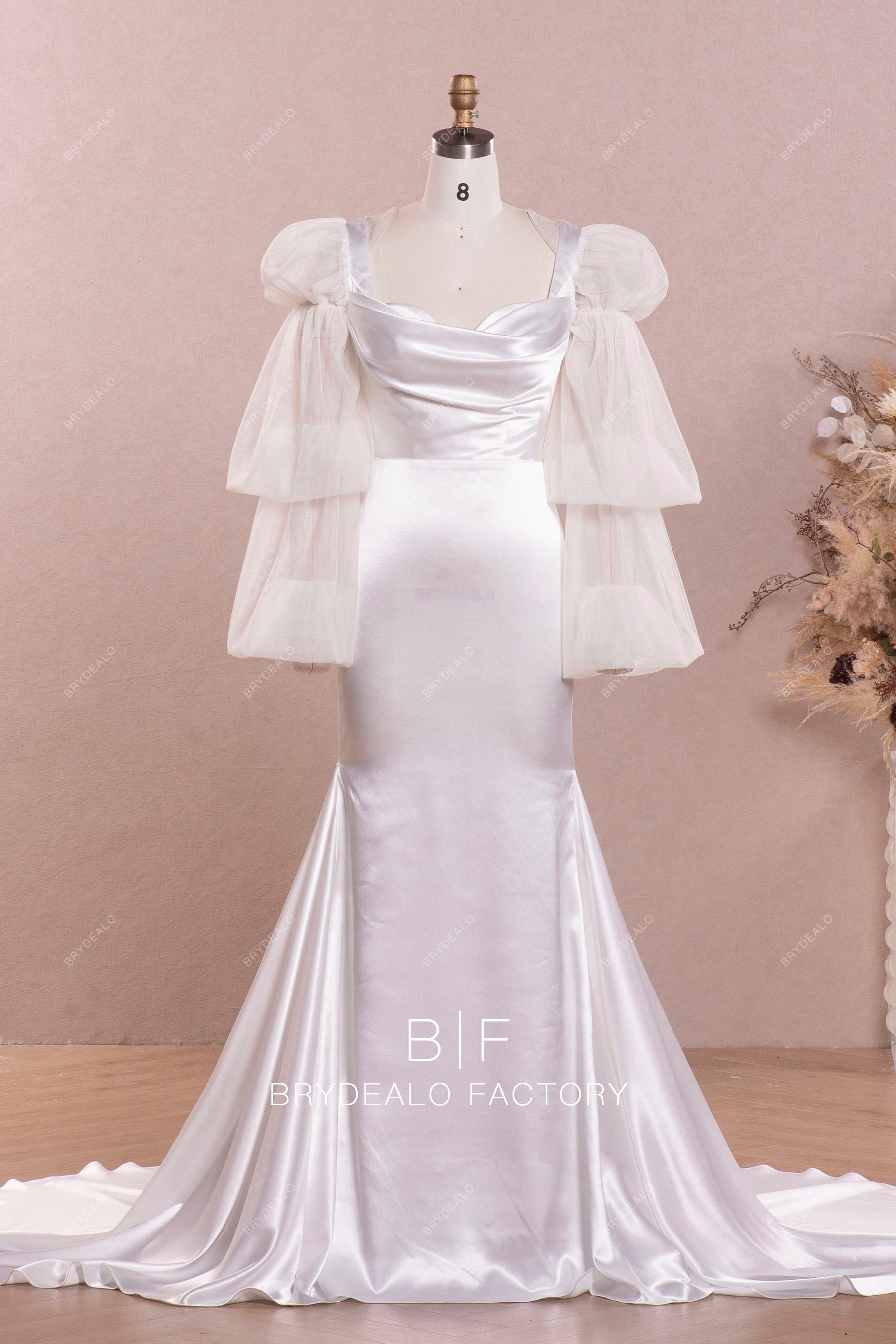 bubble sleeve satin mermaid wedding dress