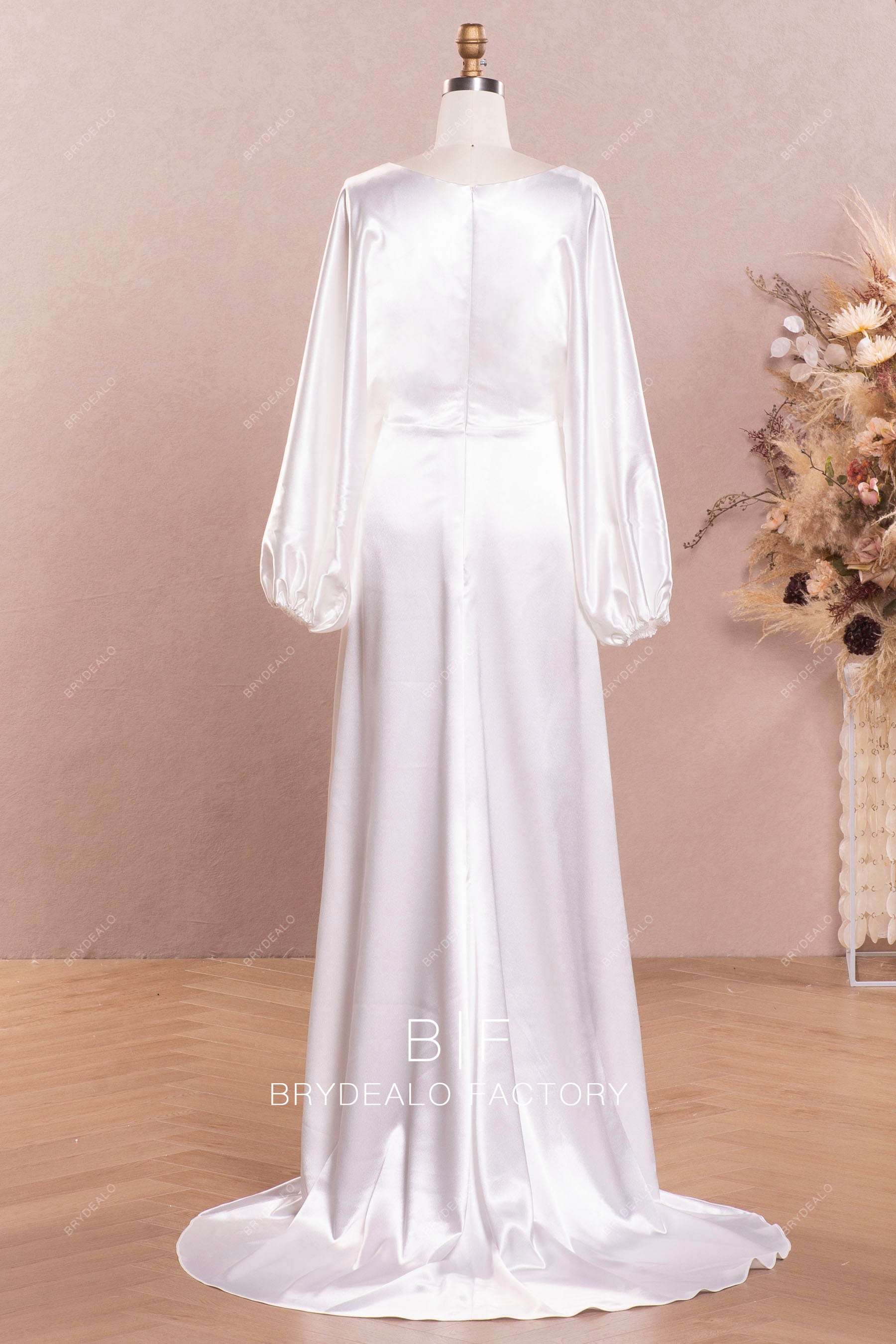 Kimono sleeve sweep train satin wedding gown