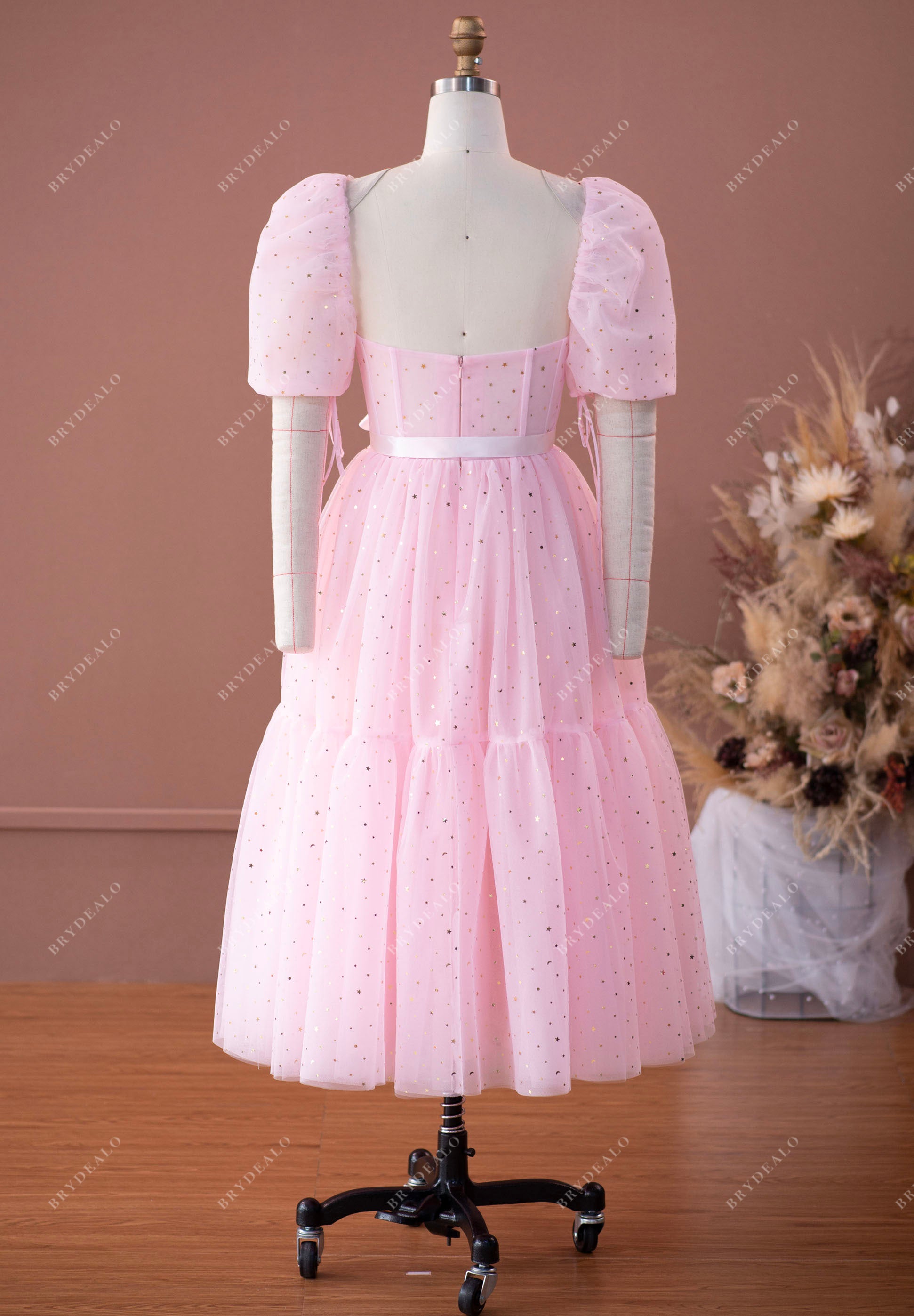 bubble sleeve low back A-line tea length pink formal dress