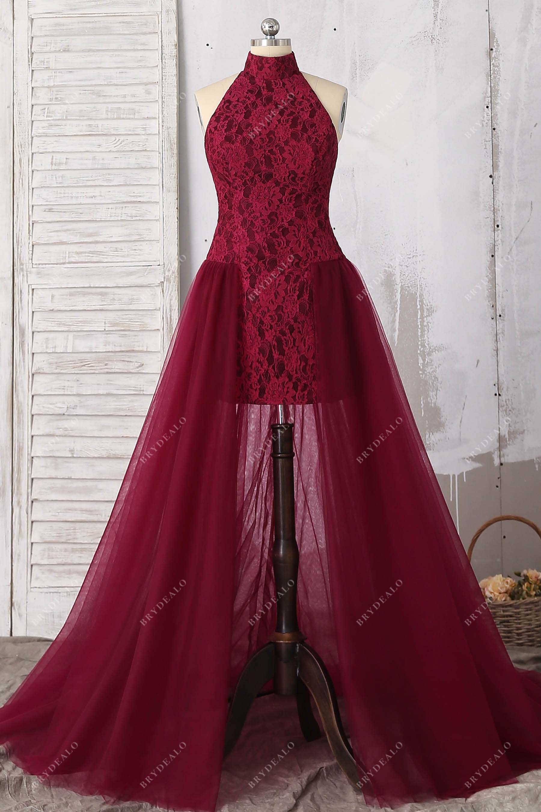 burgundy halter lace slit tulle prom gown