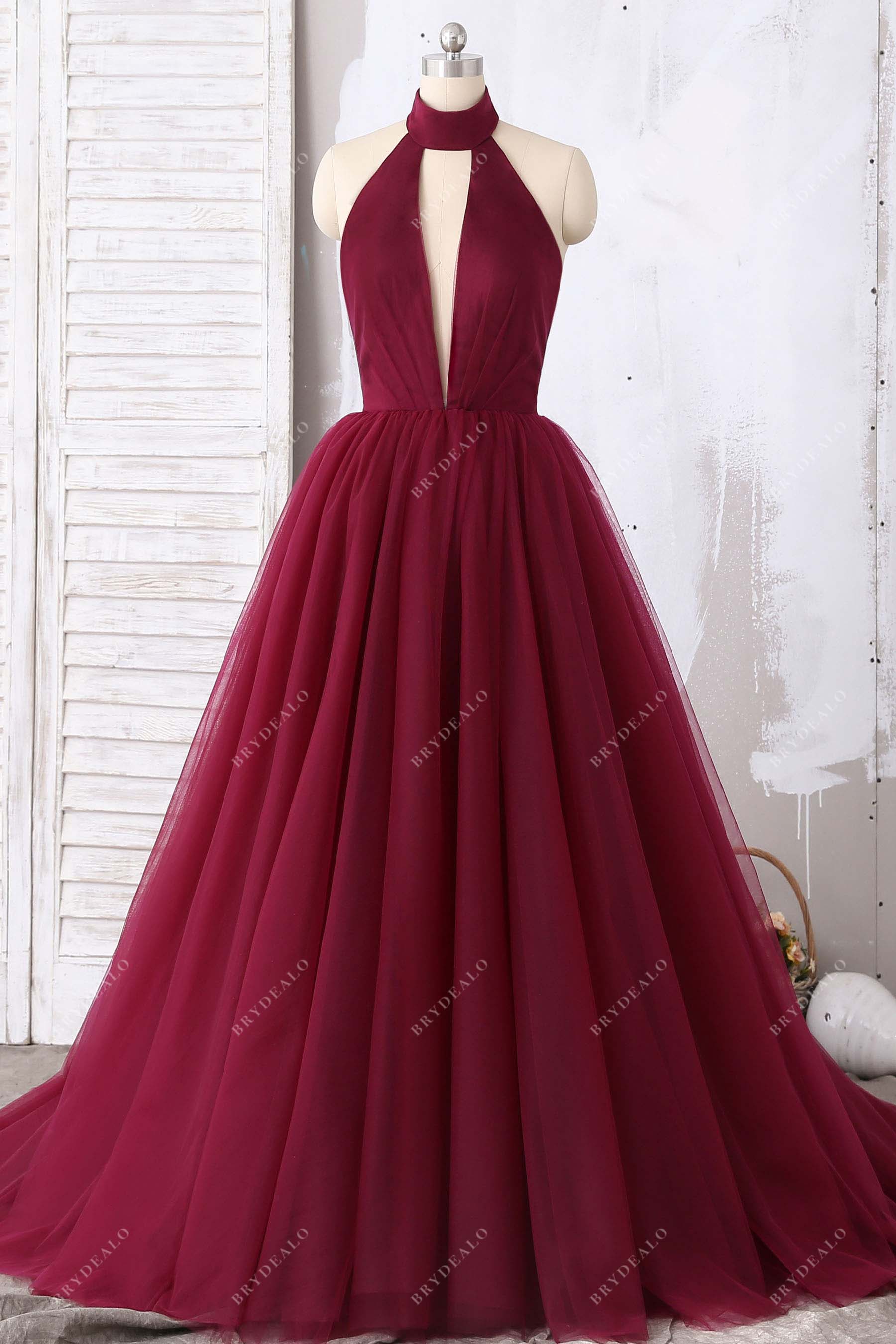 burgundy halter tulle prom dress