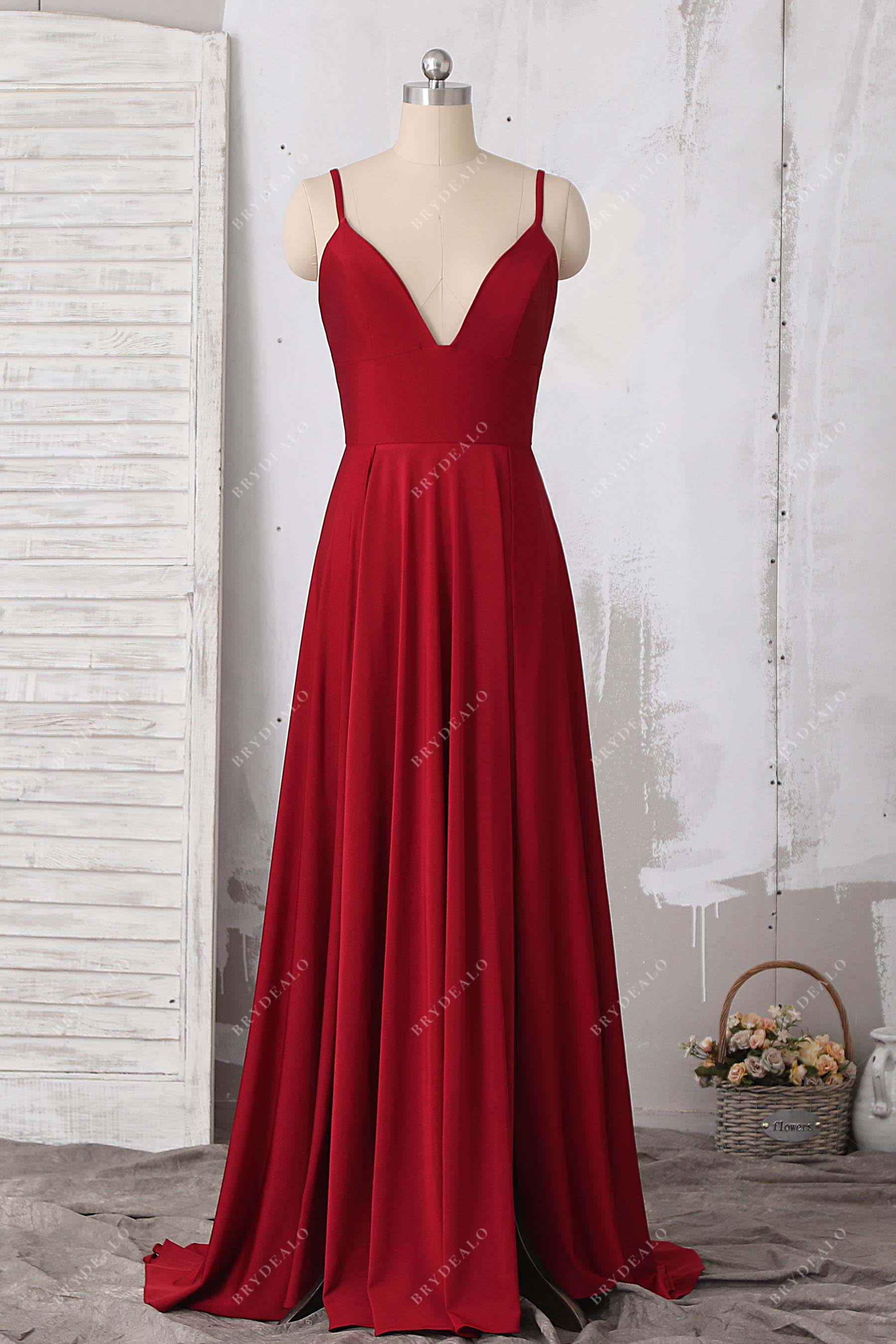 burgundy jersey V-neck prom dress