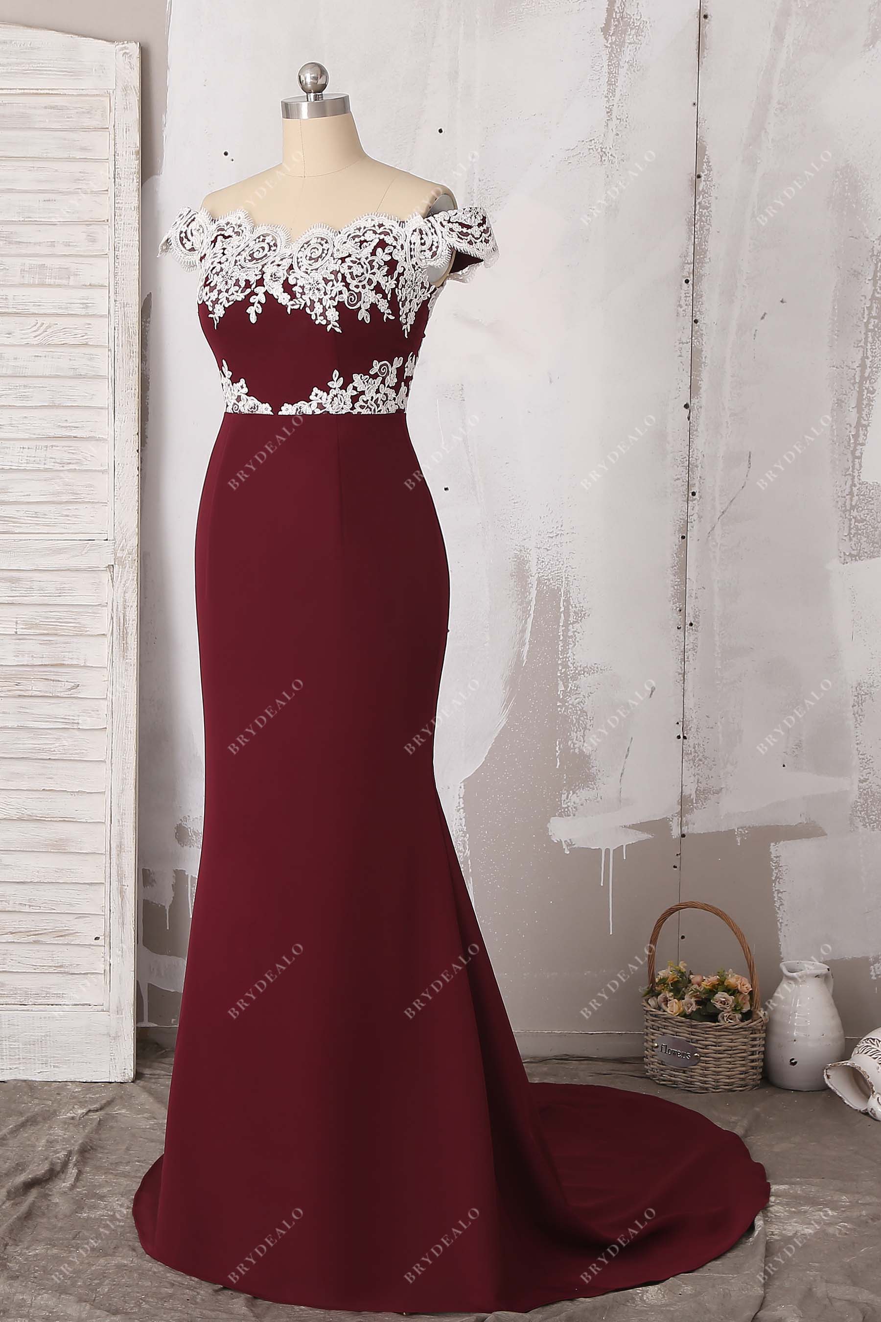 burgundy matte jersey ivory lace bridesmaid dress
