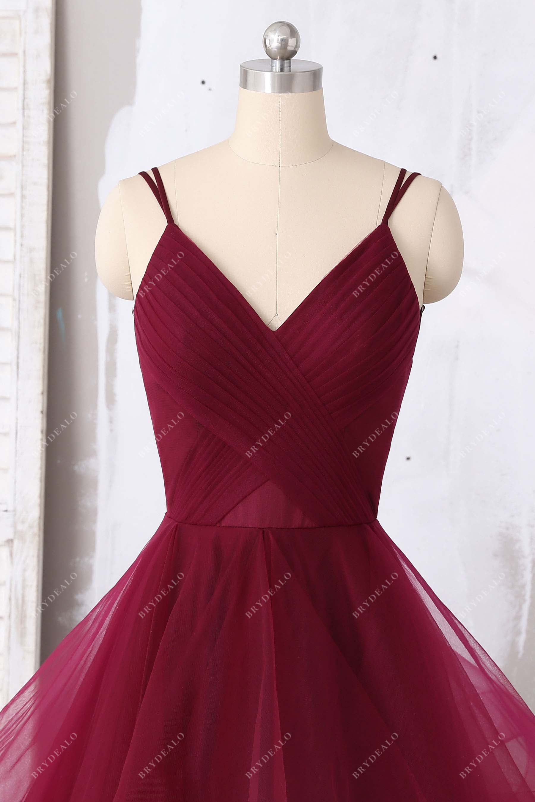 burgundy pleated tulle thin straps prom dress